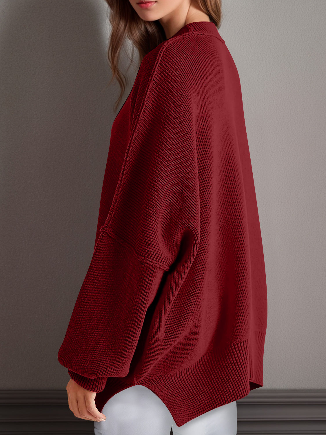 Double Take Side Slit Round Neck Long Sleeve Sweater - The Daily Makeover
