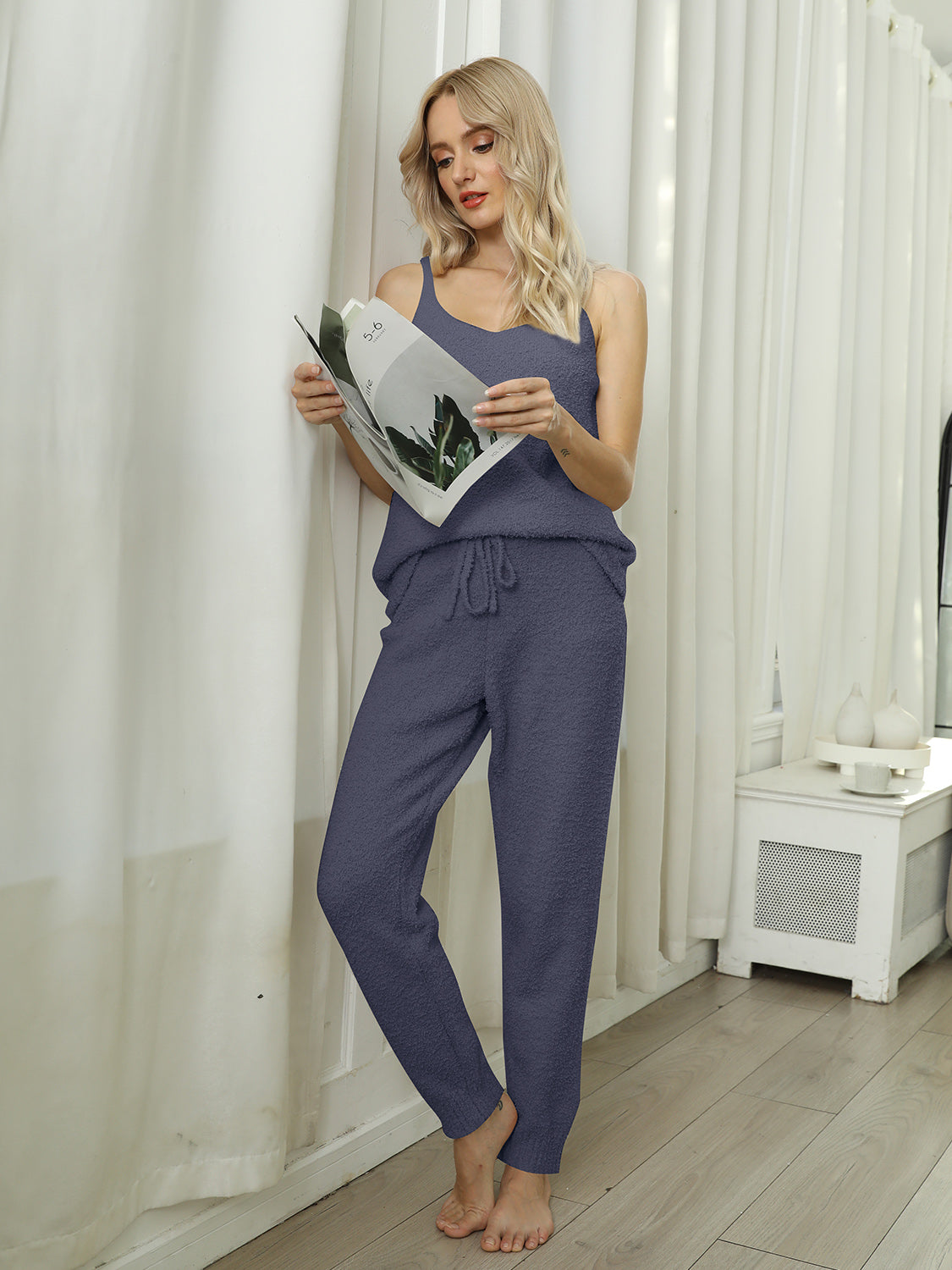 Fuzzy V-Neck Cami and Pants Lounge Set - The Daily Makeover