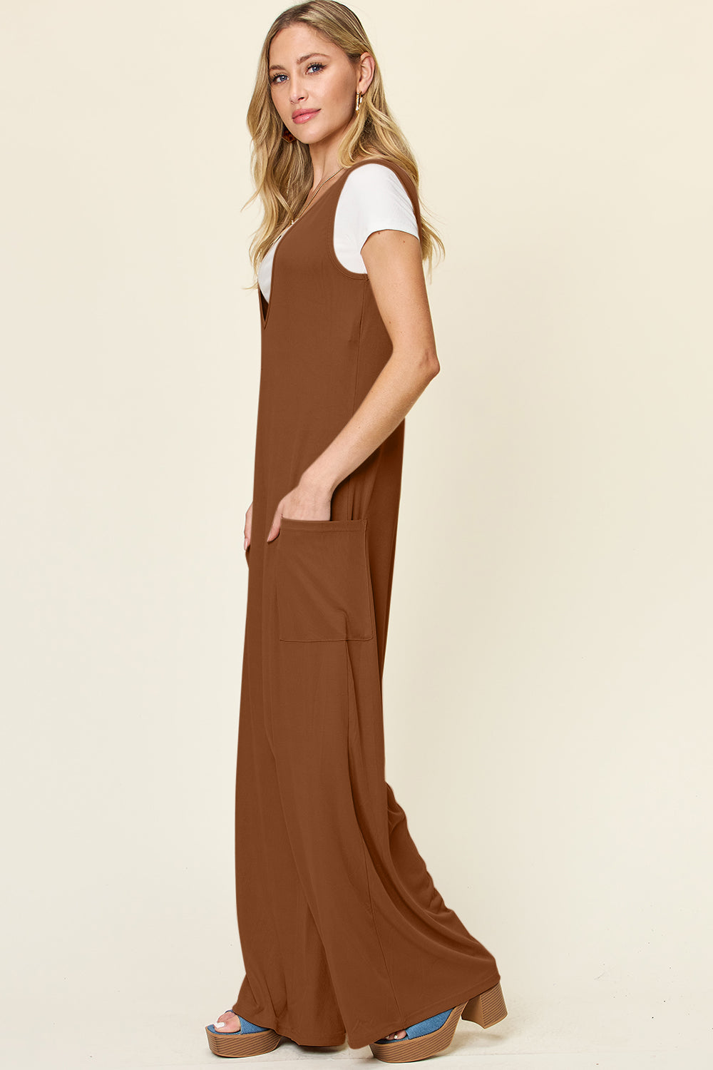 Double Take Full Size Sleeveless Wide Leg Jumpsuit with Pockets - The Daily Makeover