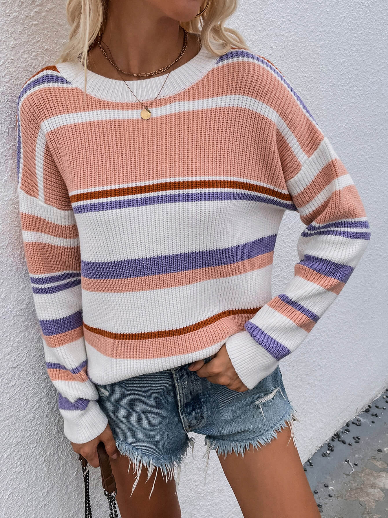 Striped Drop Shoulder Round Neck Pullover Sweater - The Daily Makeover
