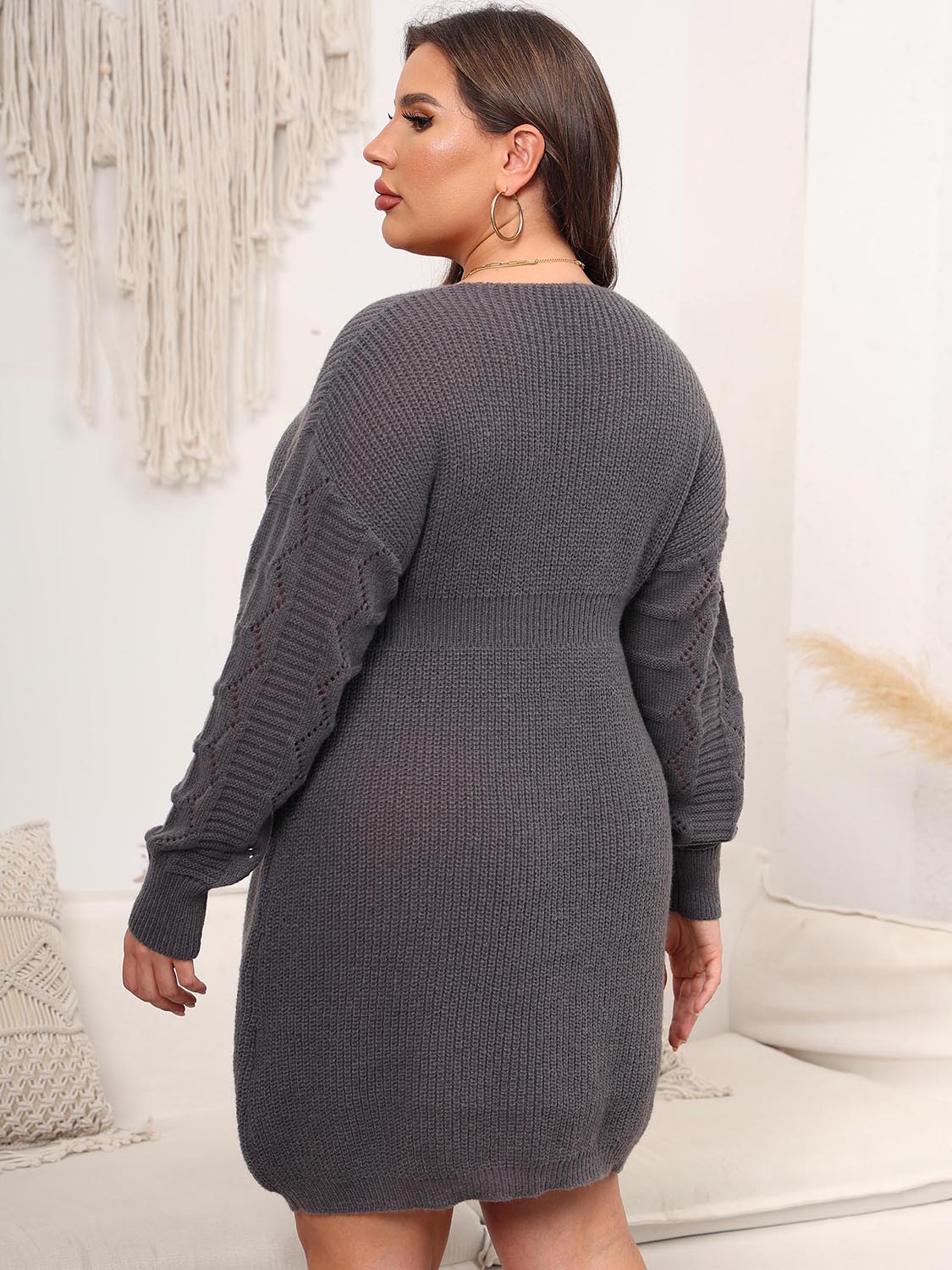 Plus Size Dropped Shoulder Long Sleeve Knit Mini Dress - The Daily Makeover