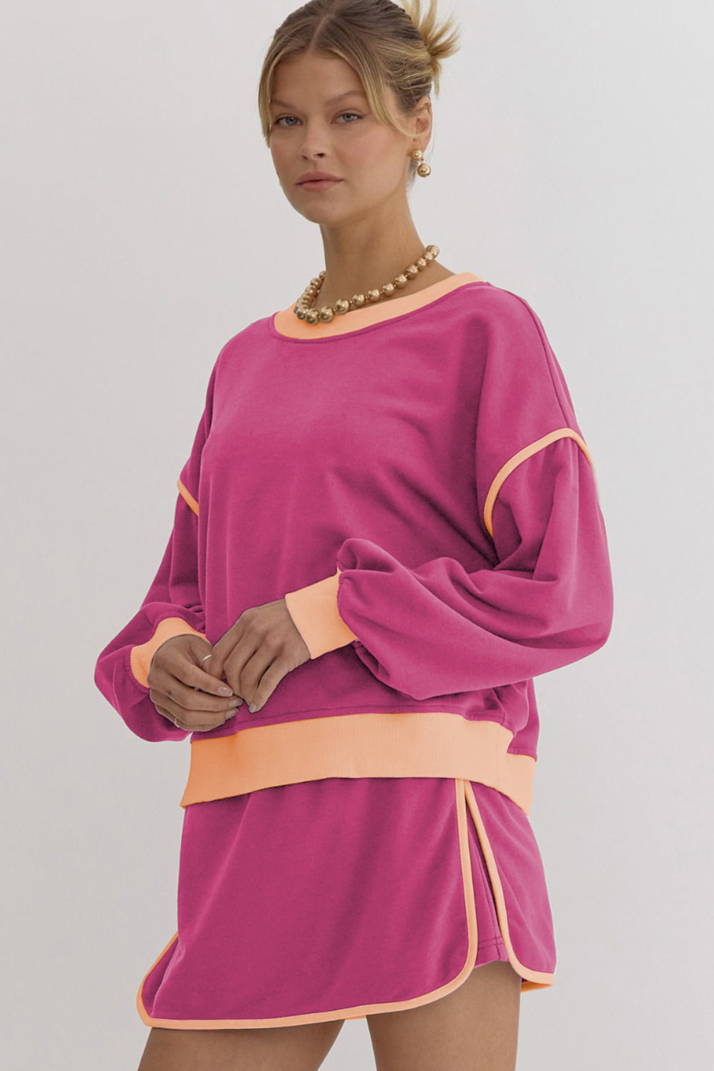 Evergreen Contrast Trim Loose Pullover and Lace-up Waist Skort Set - The Daily Makeover