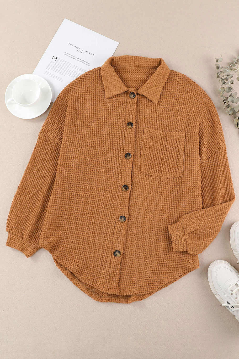 Waffle-Knit Collared Neck Long Sleeve Shirt - The Daily Makeover