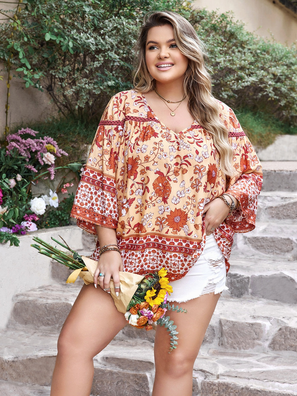 Plus Size Printed V-Neck Three-Quarter Sleeve Blouse - The Daily Makeover