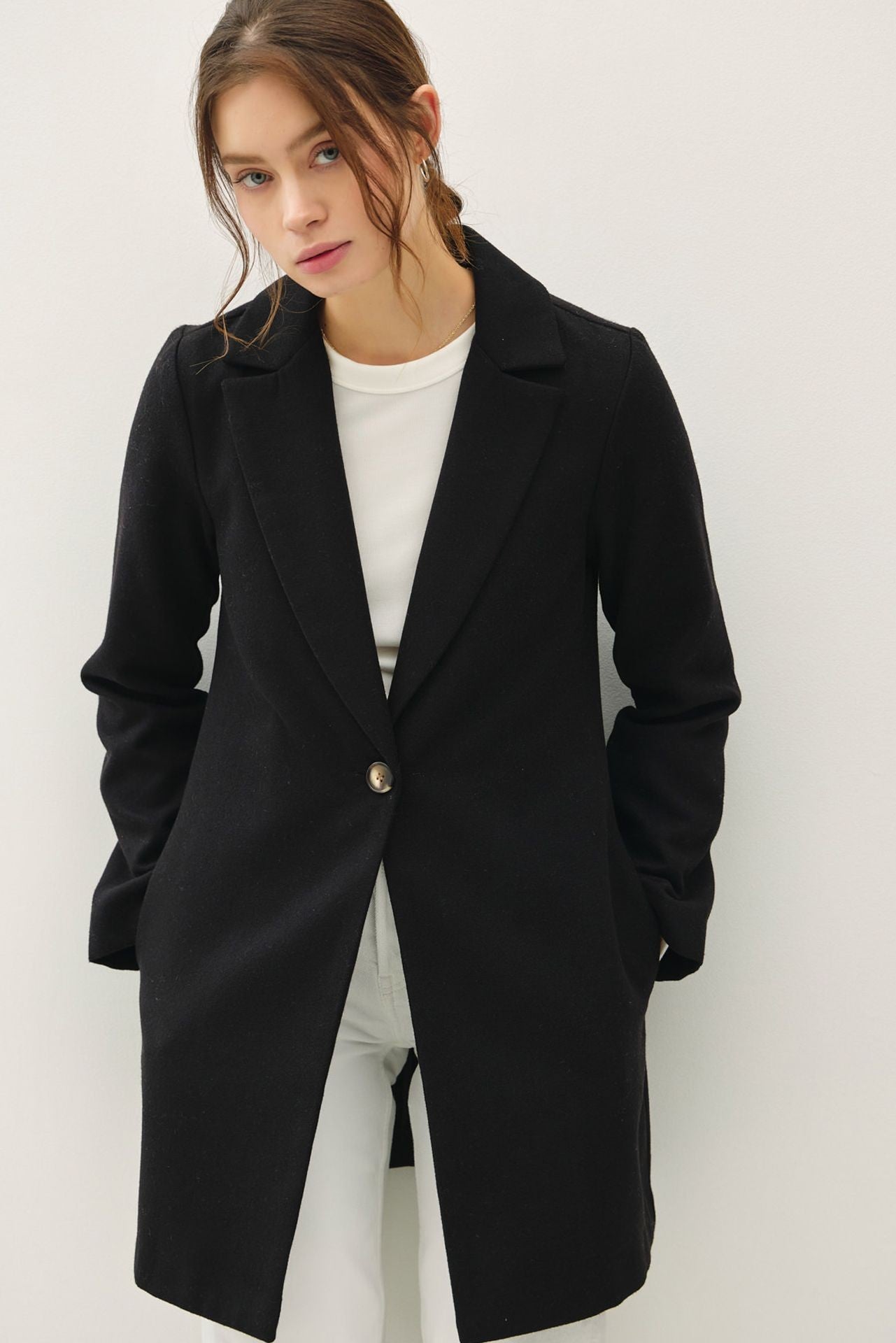 Be Cool Single Button Long Sleeve Coat with Pockets - The Daily Makeover