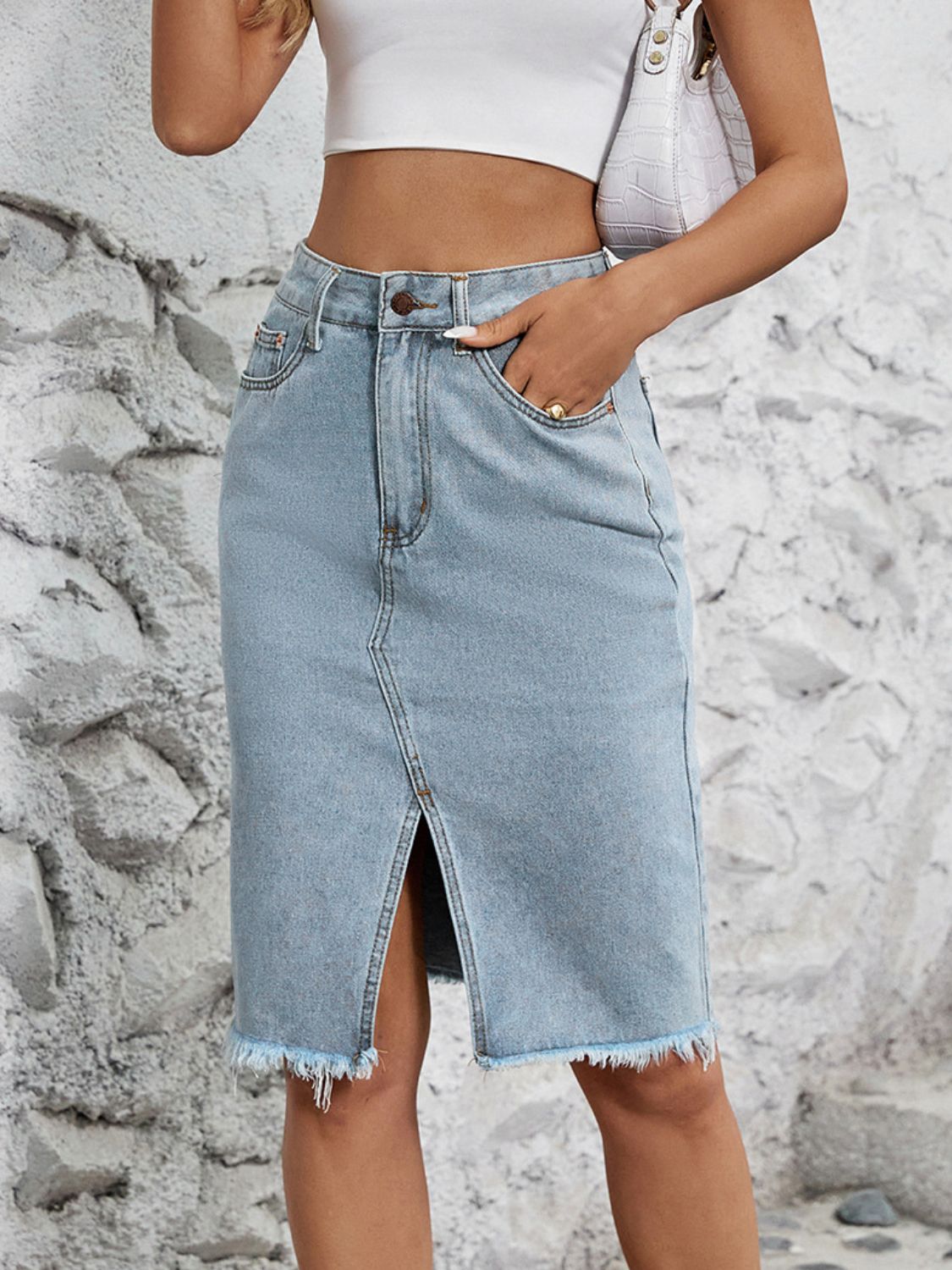 Raw Hem Slit Denim Skirt - The Daily Makeover