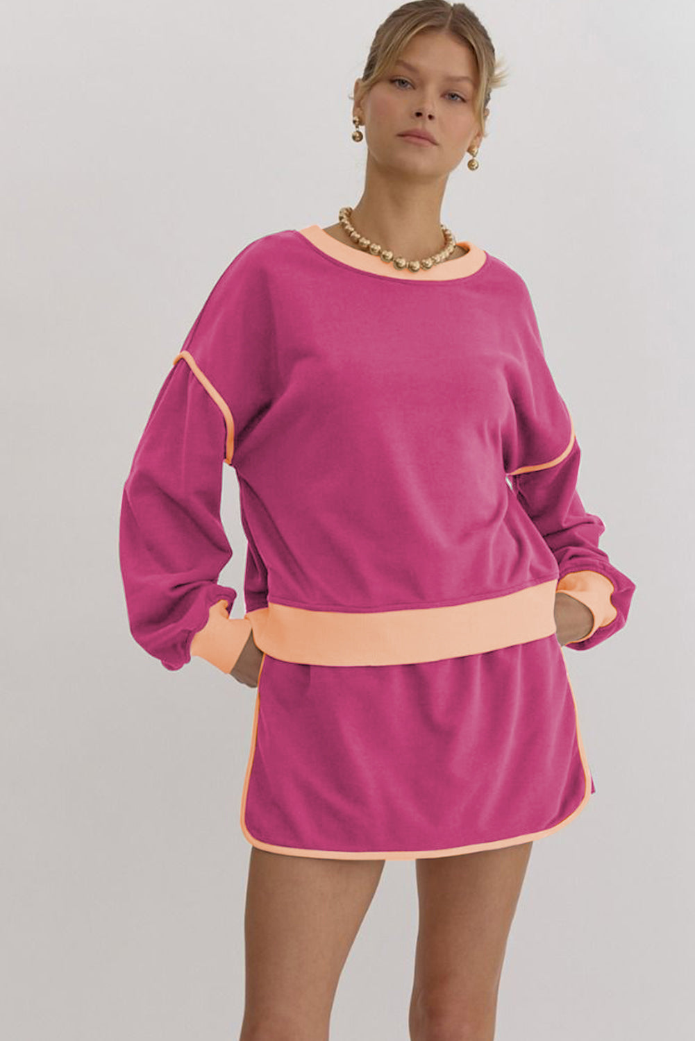 Evergreen Contrast Trim Loose Pullover and Lace-up Waist Skort Set - The Daily Makeover