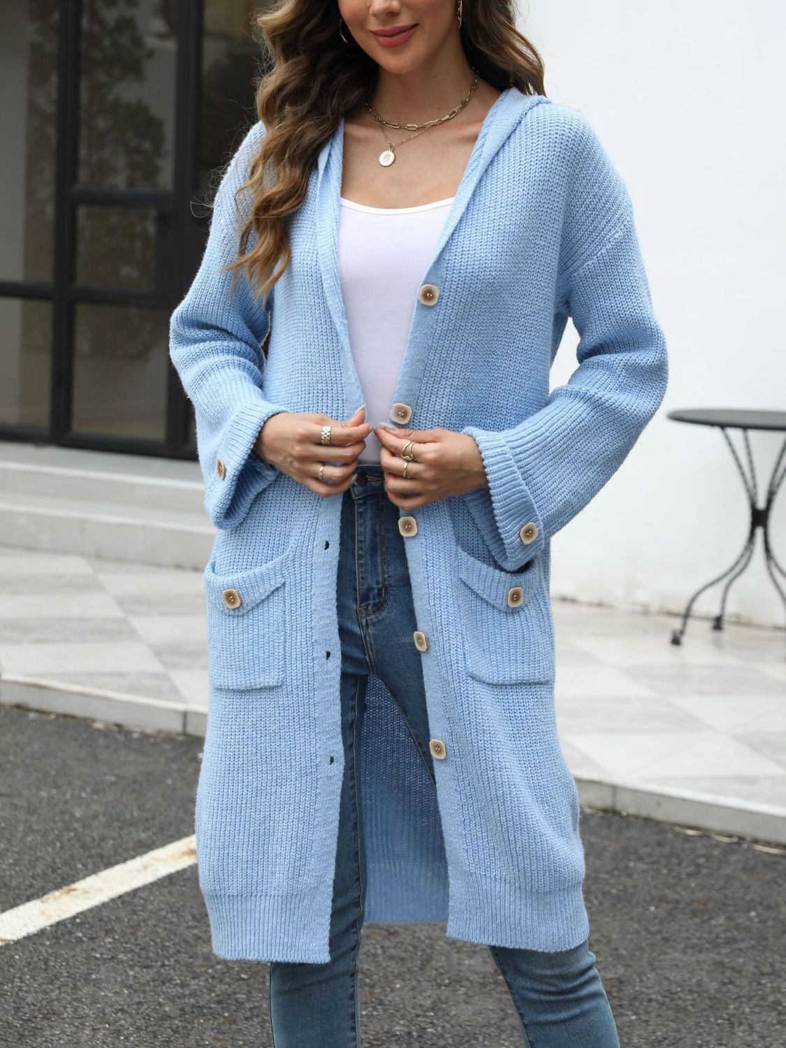 Pocketed Button Up Long Sleeve Hooded Cardigan - The Daily Makeover