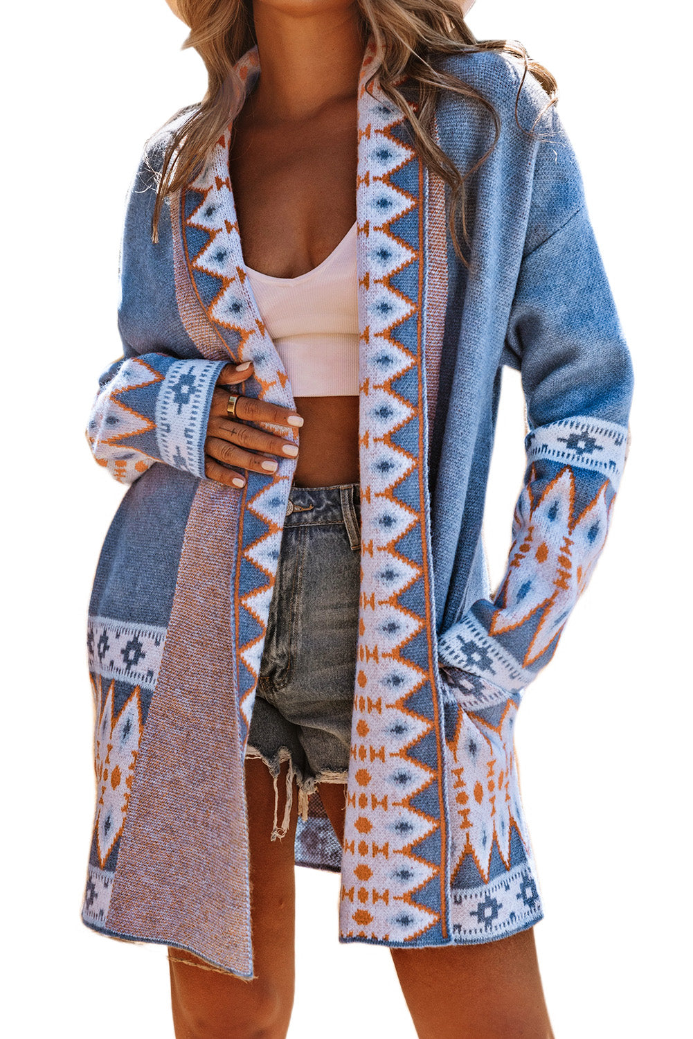 Blue Geometric Print Open Front Knit Cardigan - The Daily Makeover