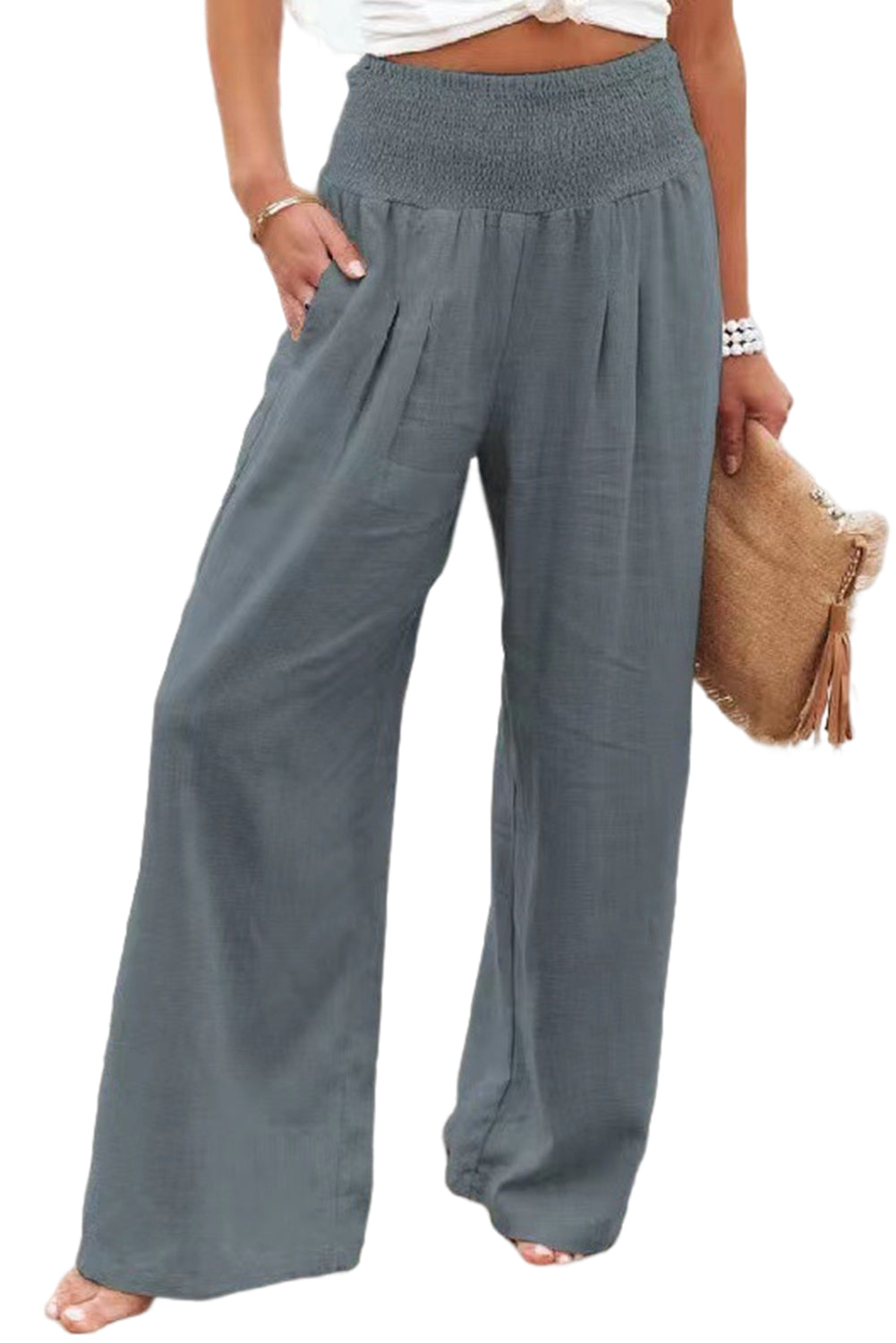 Khaki Smocked Wide Waistband High Waist Wide Leg Pants - The Daily Makeover