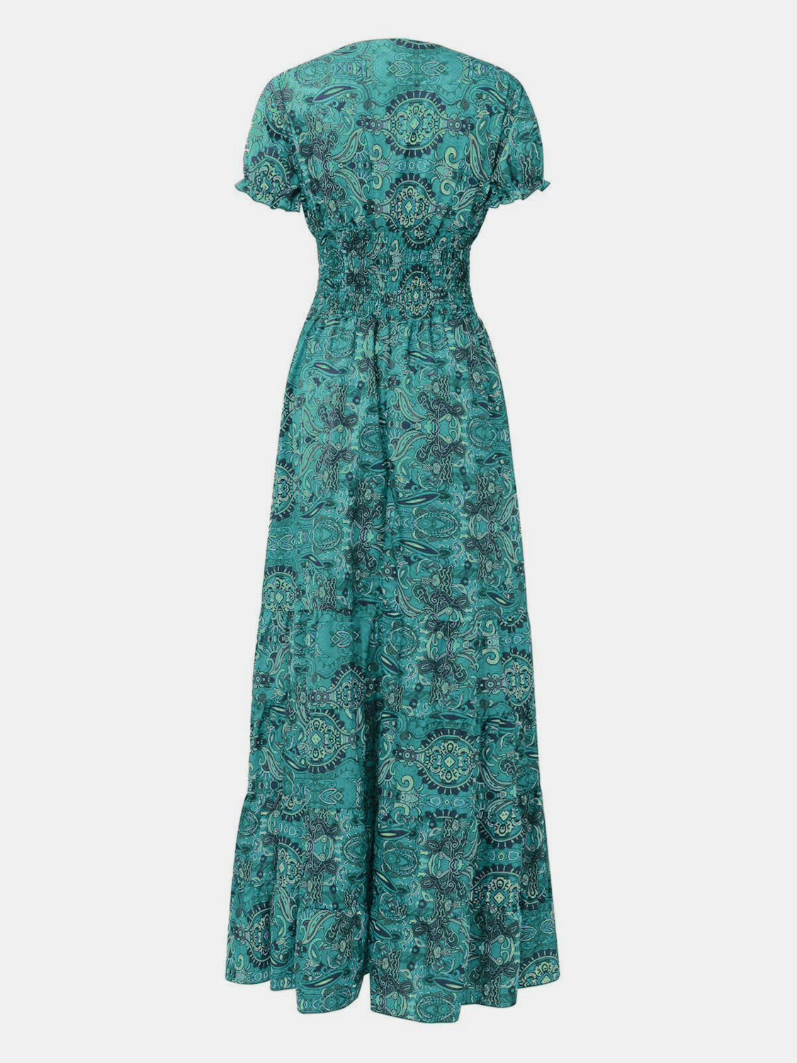 Full Size Smocked Printed V-Neck Short Sleeve Dress - The Daily Makeover