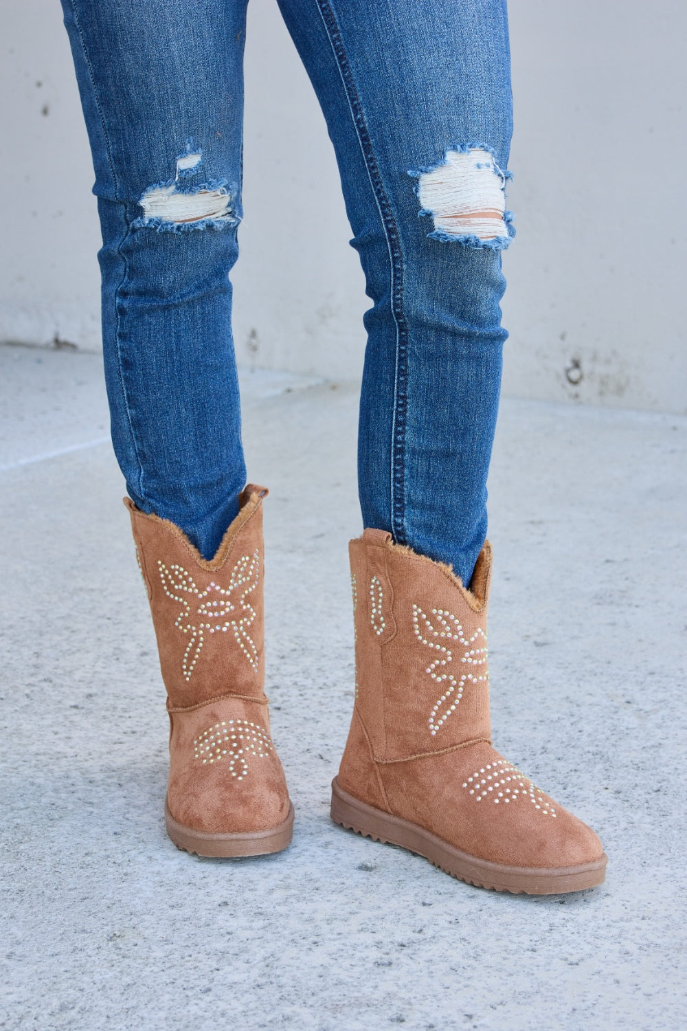 Forever Link Rhinestone Furry Flat Boots - The Daily Makeover