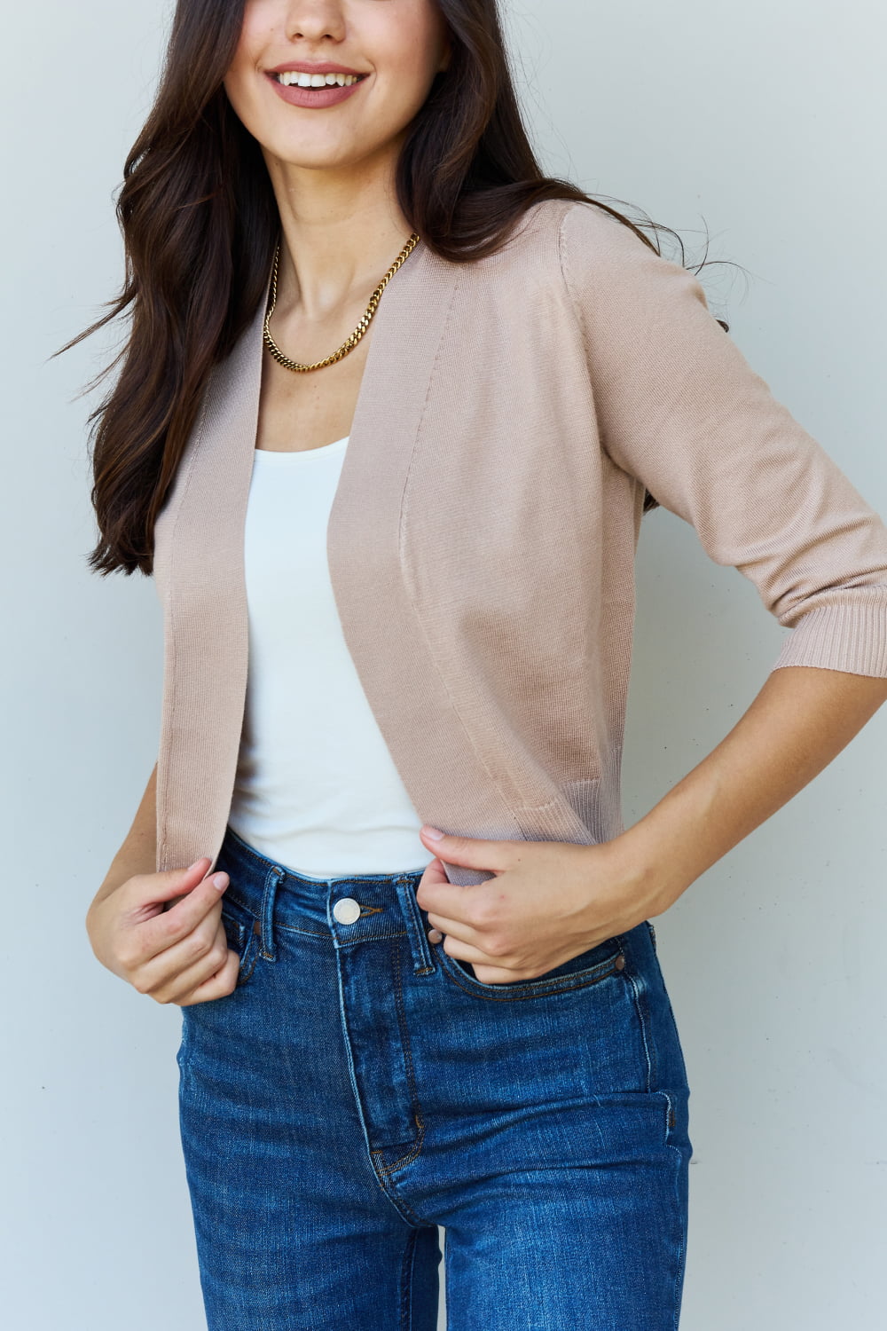 Doublju My Favorite Full Size 3/4 Sleeve Cropped Cardigan in Khaki - The Daily Makeover