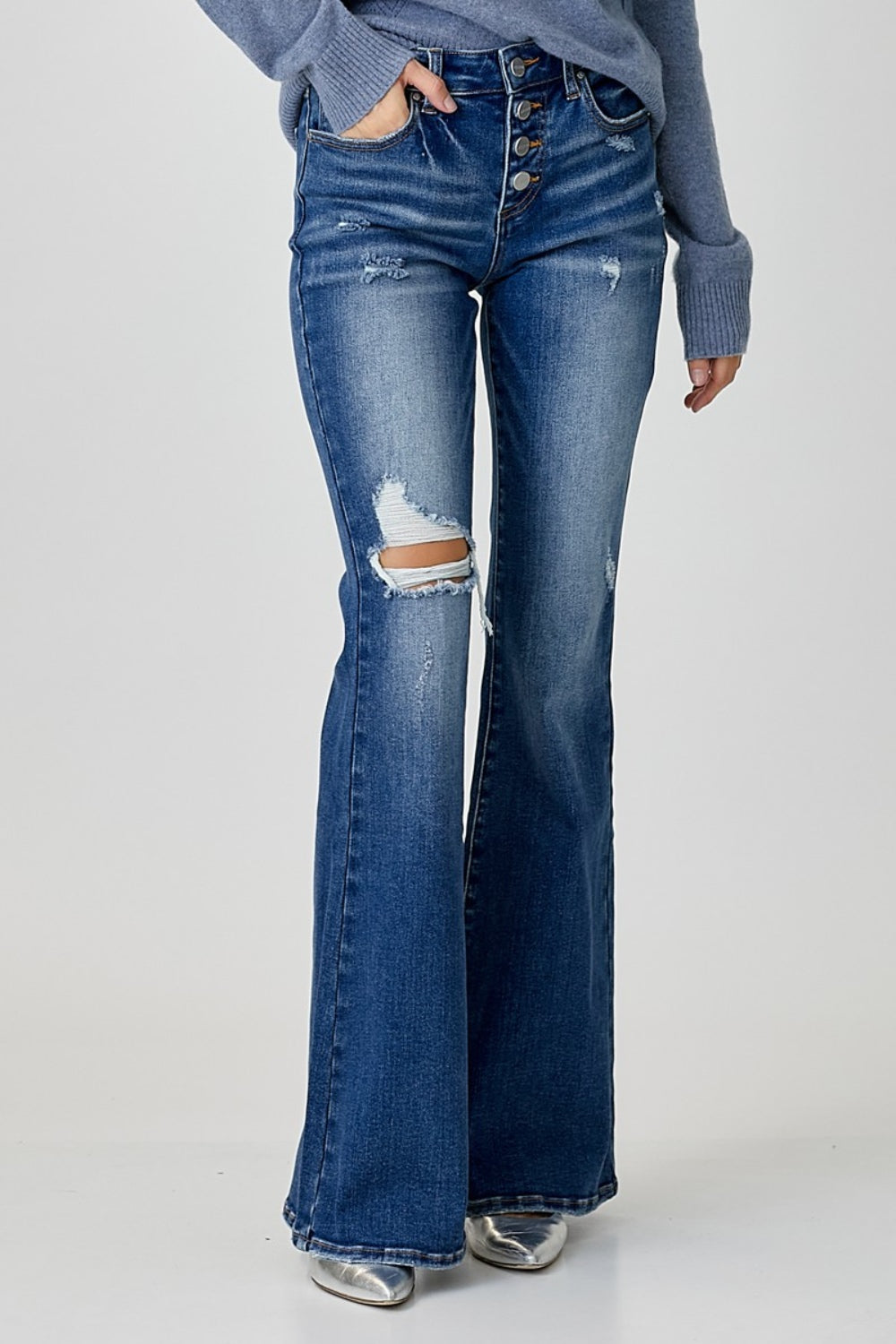 Distressed Button-Fly Flare Jeans - The Daily Makeover