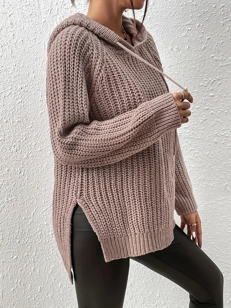High-Low Side Slit Drawstring Long Sleeve Hooded Sweater - The Daily Makeover