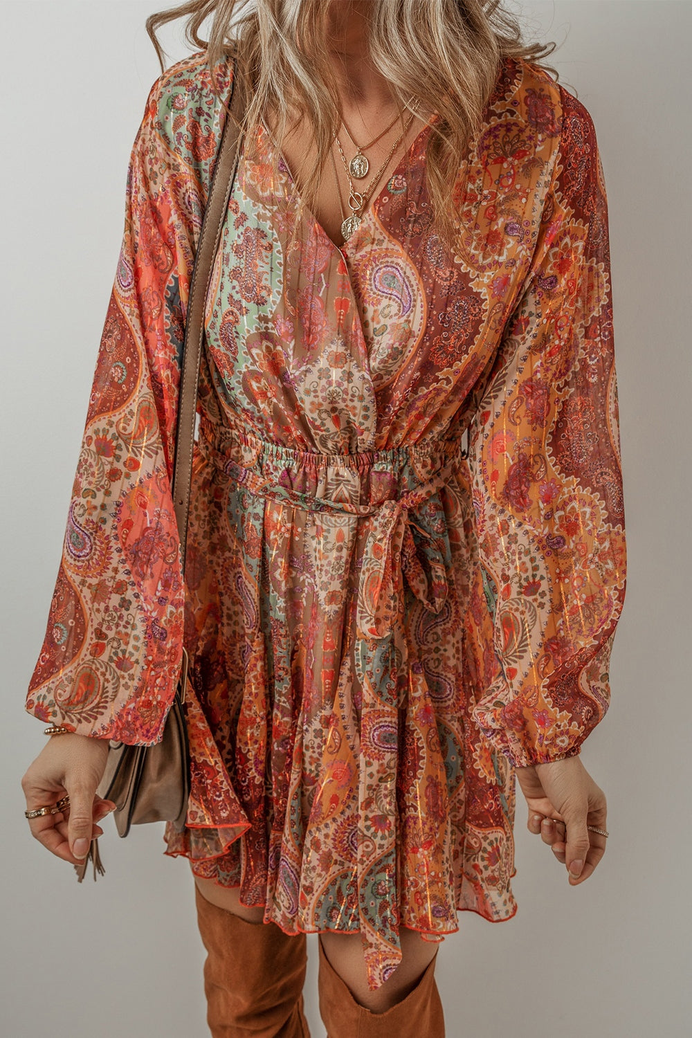 Tied Printed Balloon Sleeve Mini Dress - The Daily Makeover