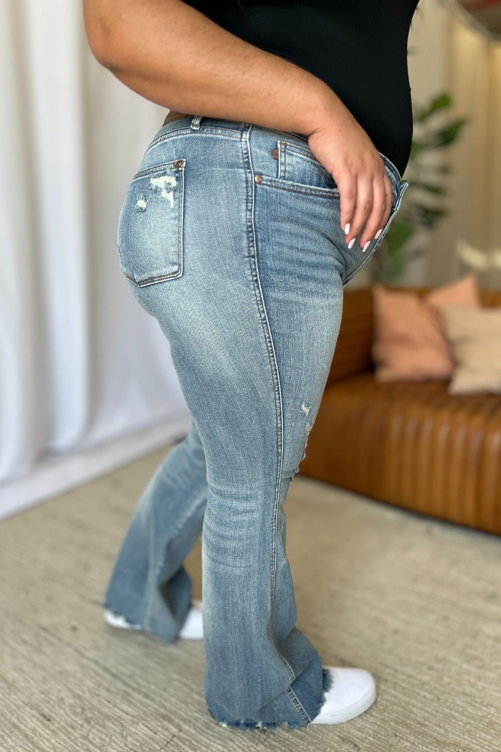 Judy Blue Full Size Medium Rise Tummy Control Destroy Flare - The Daily Makeover