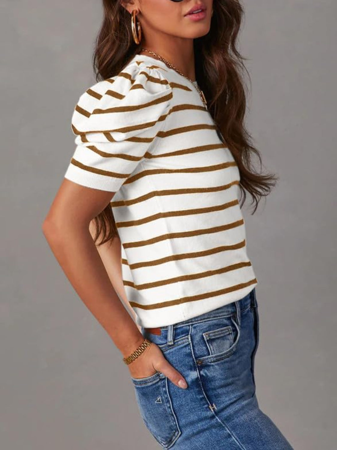 Striped Round Neck Puff Sleeve Knit Top - The Daily Makeover