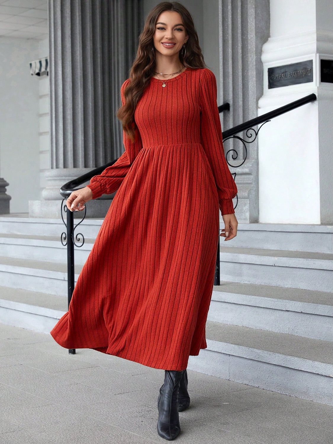 Ribbed Round Neck Long Sleeve Dress - The Daily Makeover