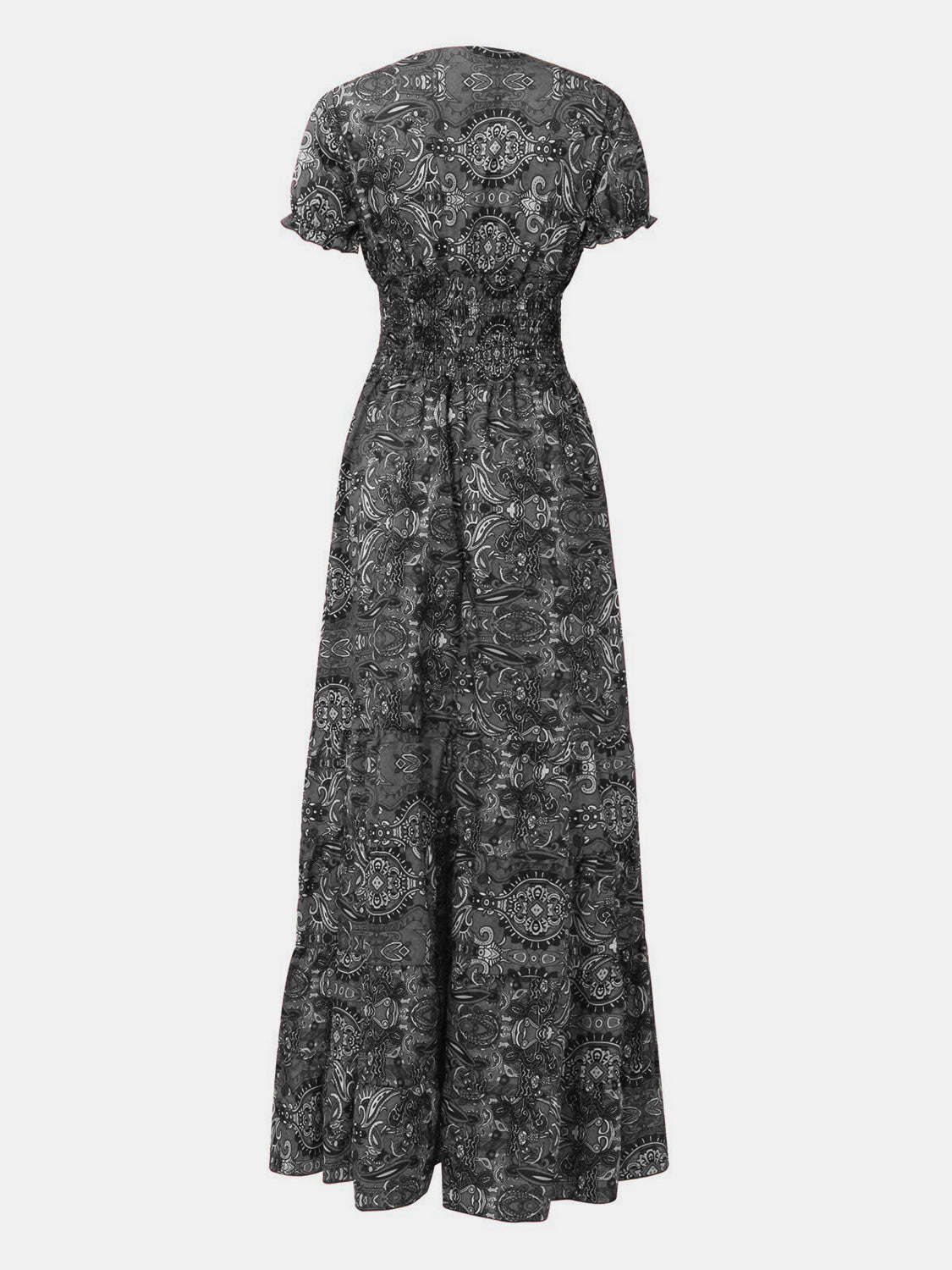 Full Size Smocked Printed V-Neck Short Sleeve Dress - The Daily Makeover