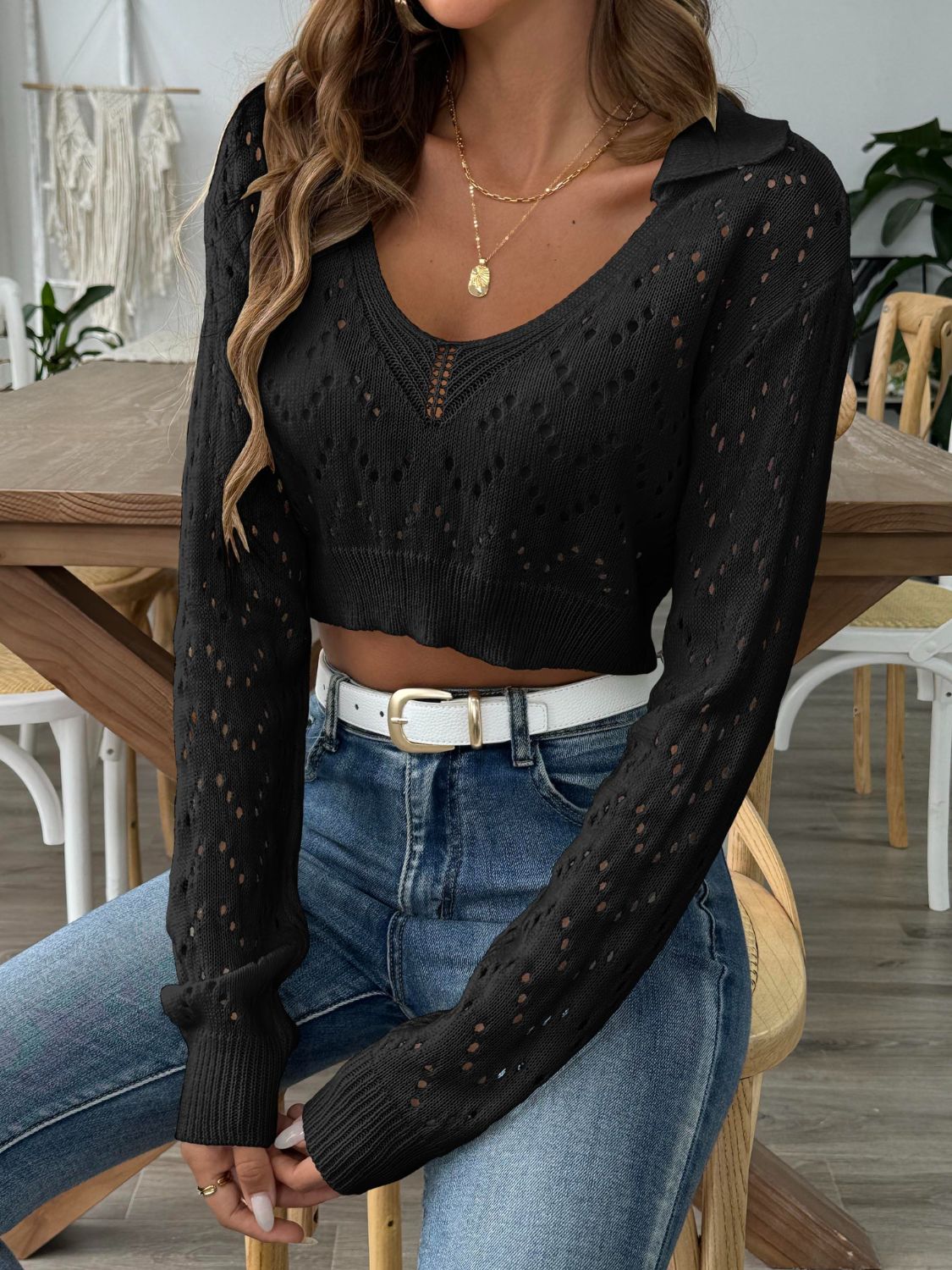Openwork Collared Neck Long Sleeve Knit Top - The Daily Makeover