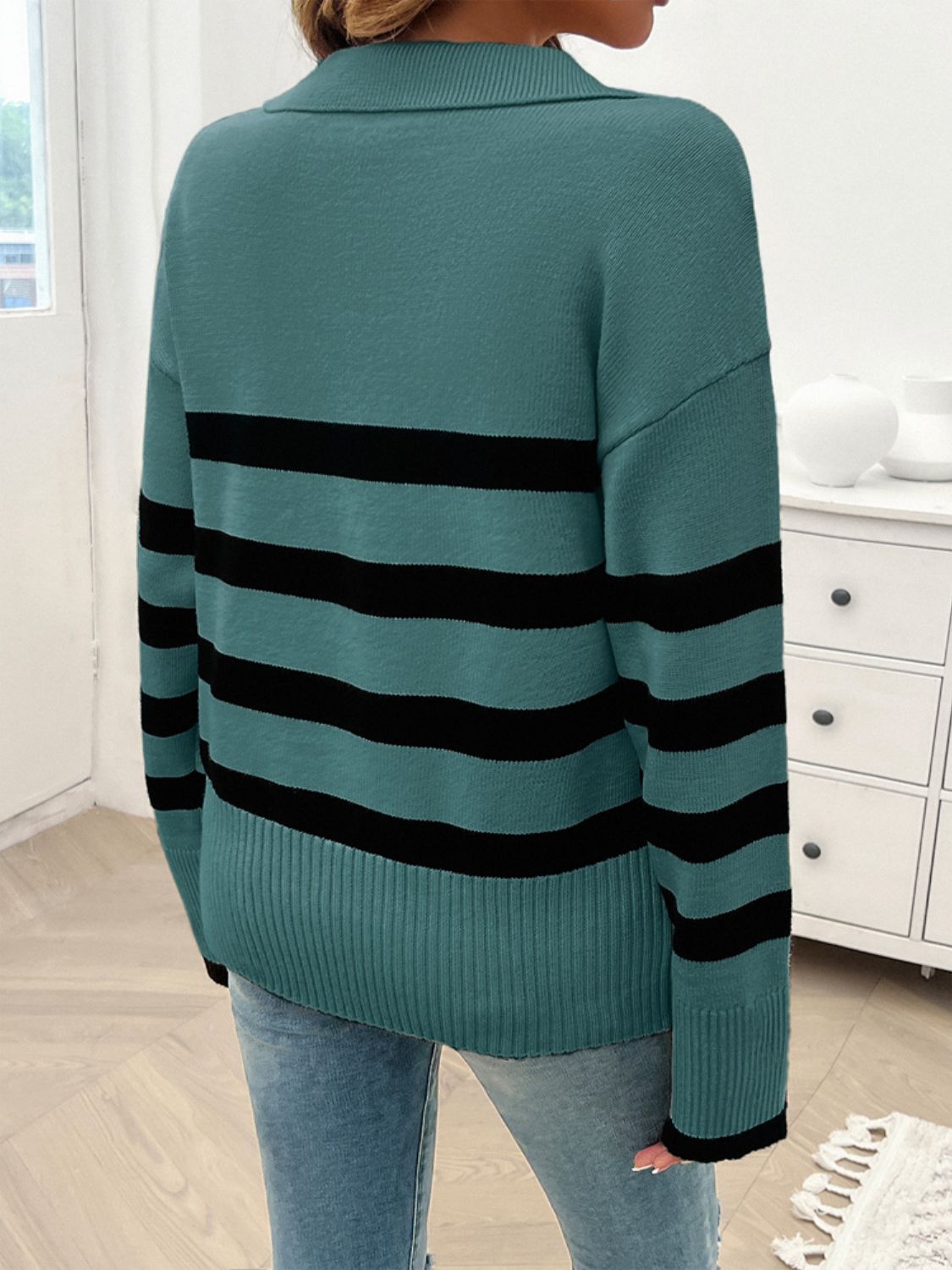 Striped Collared Neck Long Sleeve Sweater - The Daily Makeover