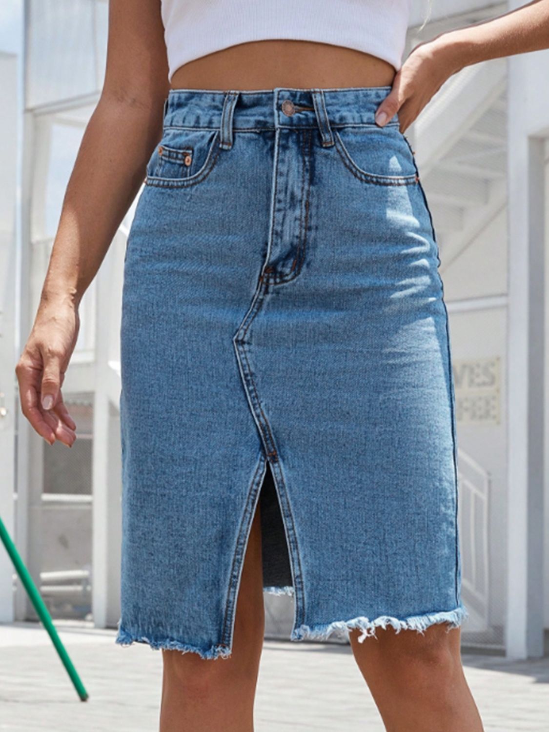 Raw Hem Slit Denim Skirt - The Daily Makeover