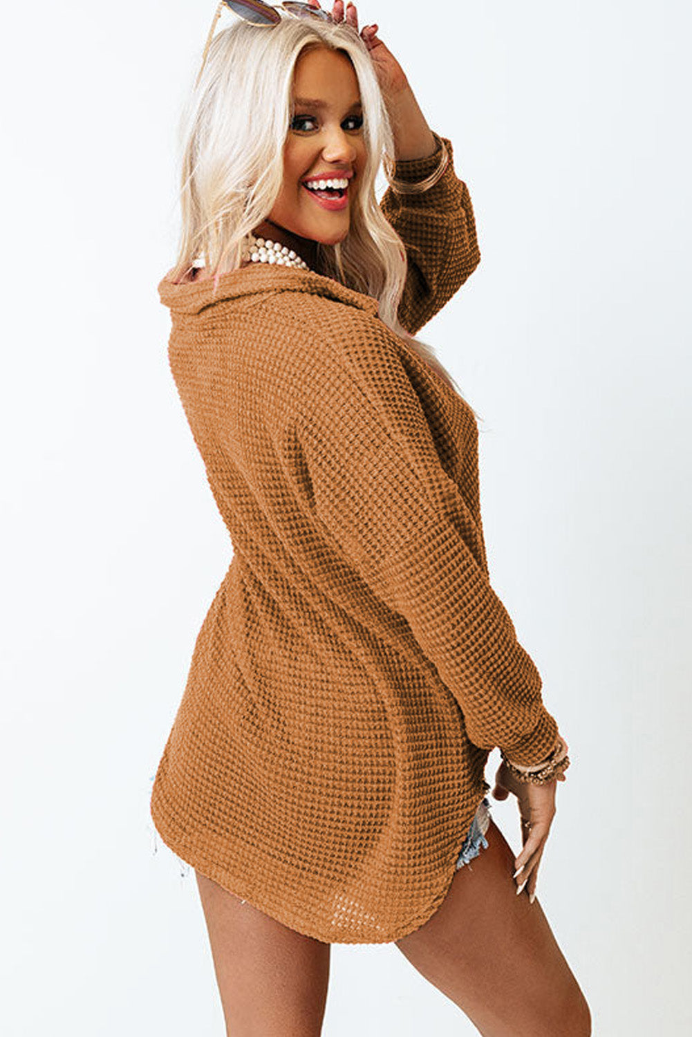Waffle-Knit Collared Neck Long Sleeve Shirt - The Daily Makeover