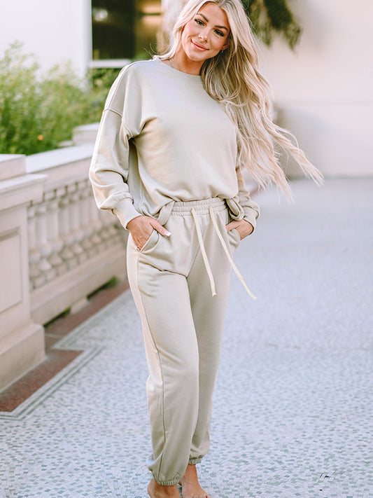 Round Neck Dropped Shoulder Top and Pants Lounge Set - The Daily Makeover