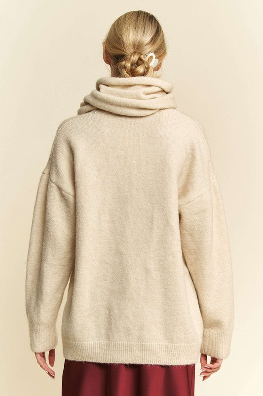 Davi & Dani V-Neck Dropped Shoulder Sweater with Scarf - The Daily Makeover