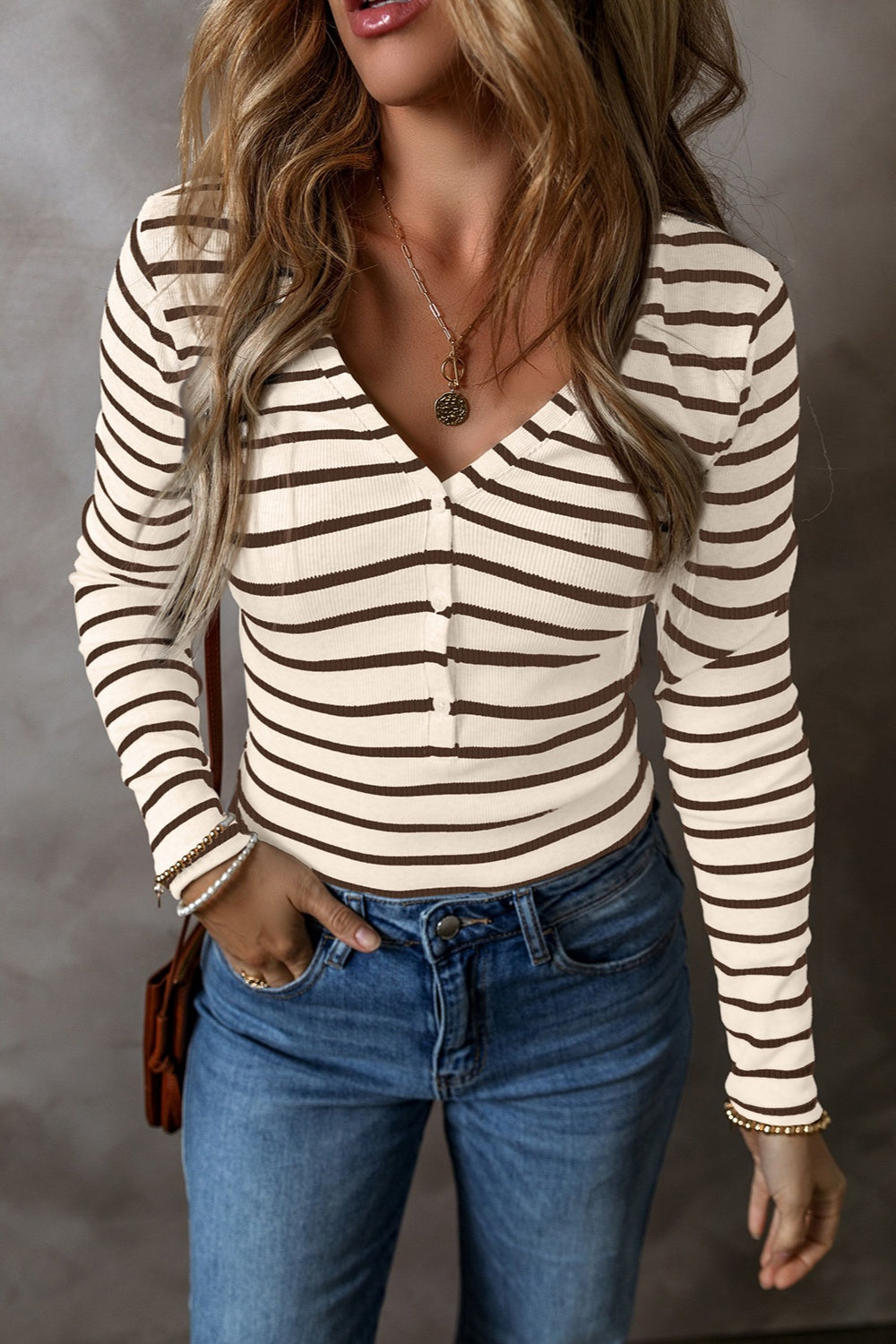 Striped V-Neck Long Sleeve Top - The Daily Makeover