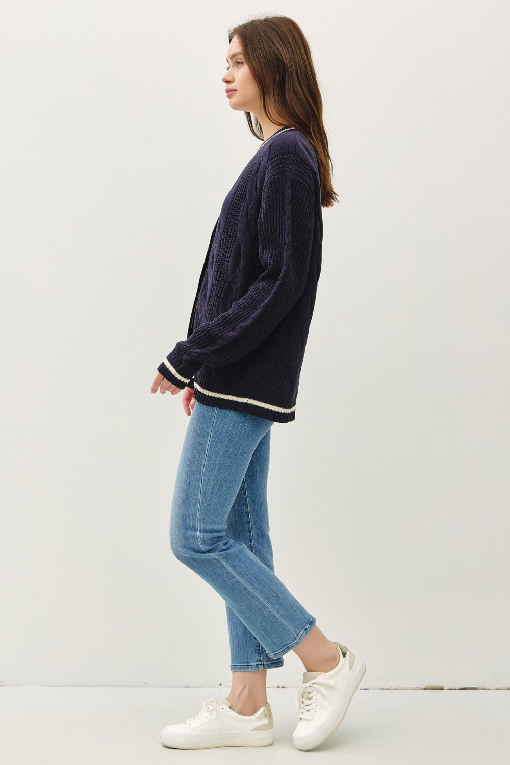 Be Cool Contrast Trim Cable-Knit V-Neck Cardigan - The Daily Makeover