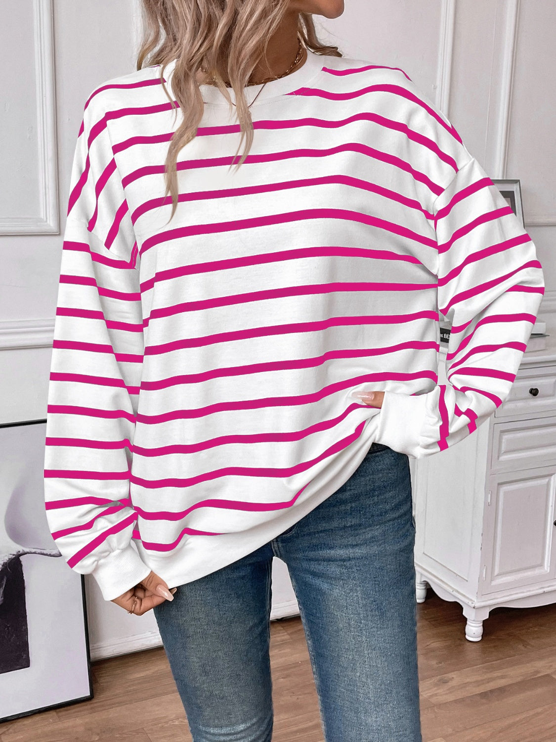 Striped Round Neck Long Sleeve Sweatshirt - The Daily Makeover