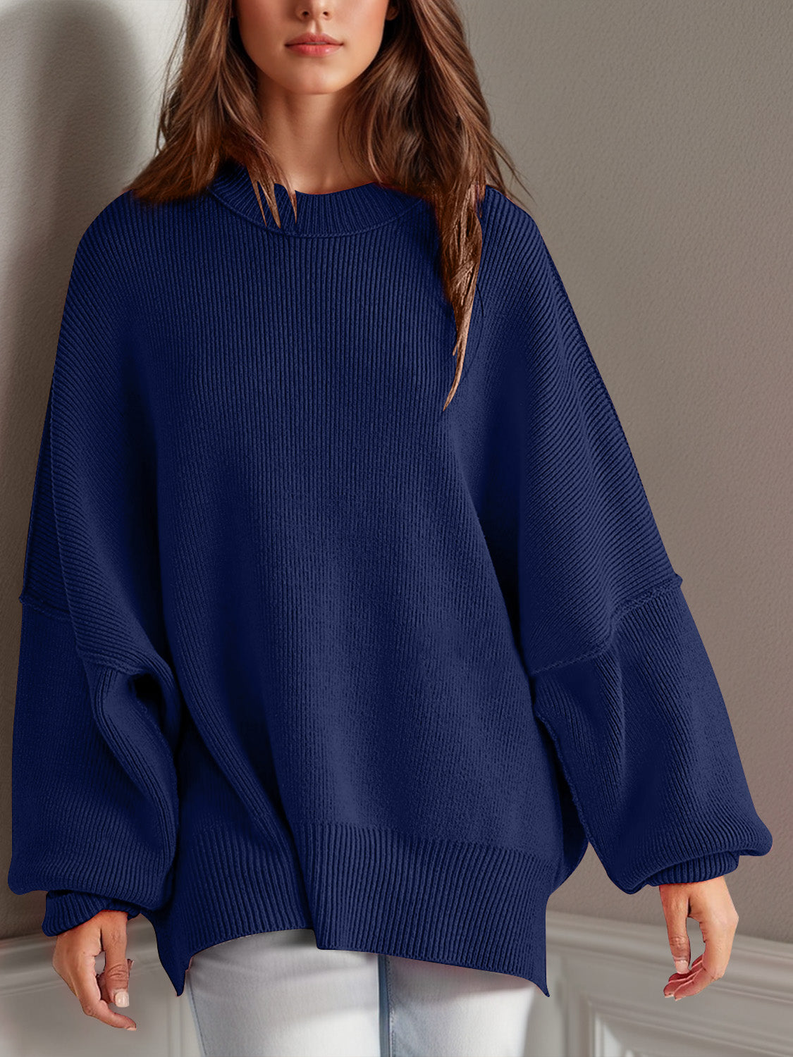 Double Take Side Slit Round Neck Long Sleeve Sweater - The Daily Makeover