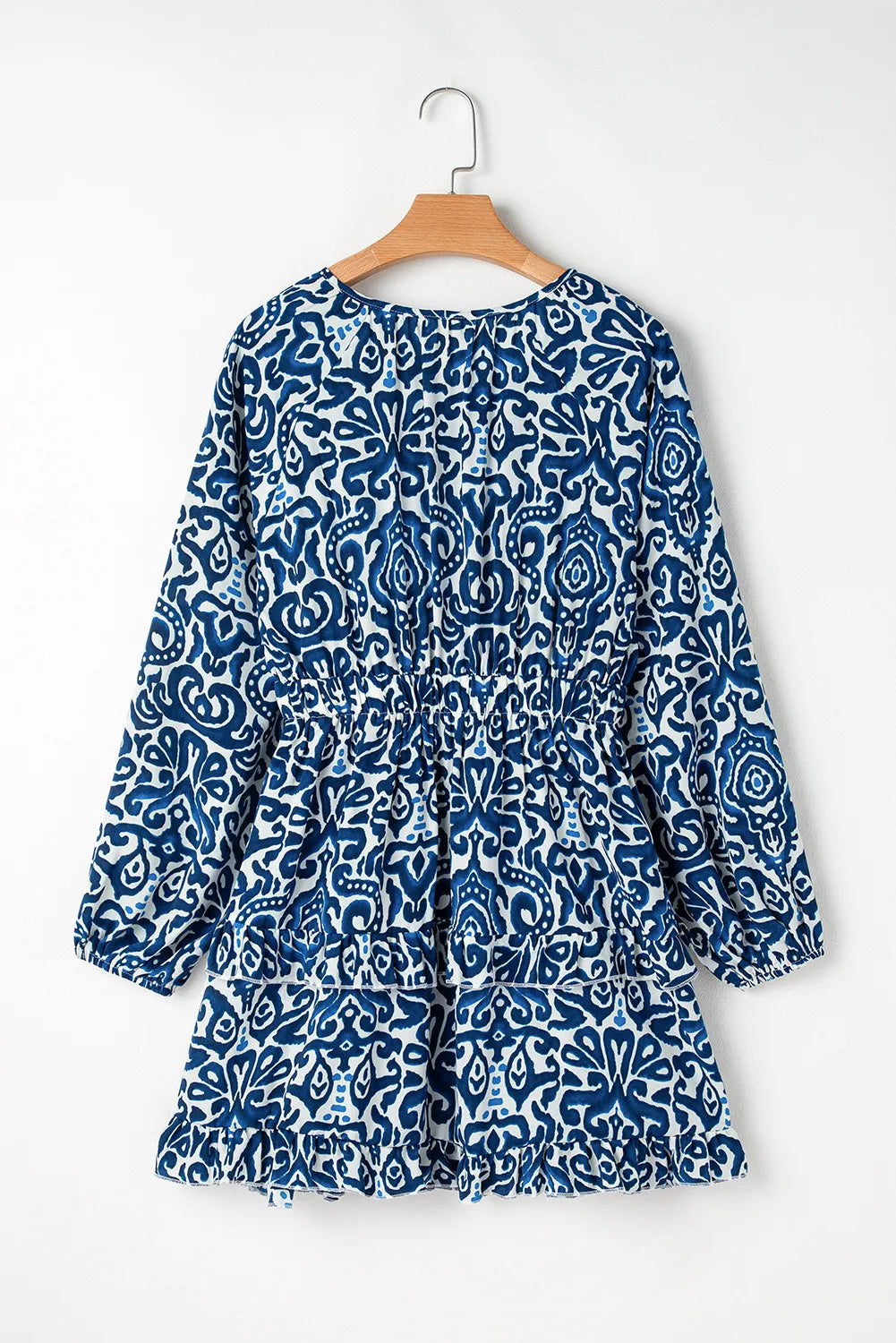 Printed Tie Neck Long Sleeve Dress - The Daily Makeover