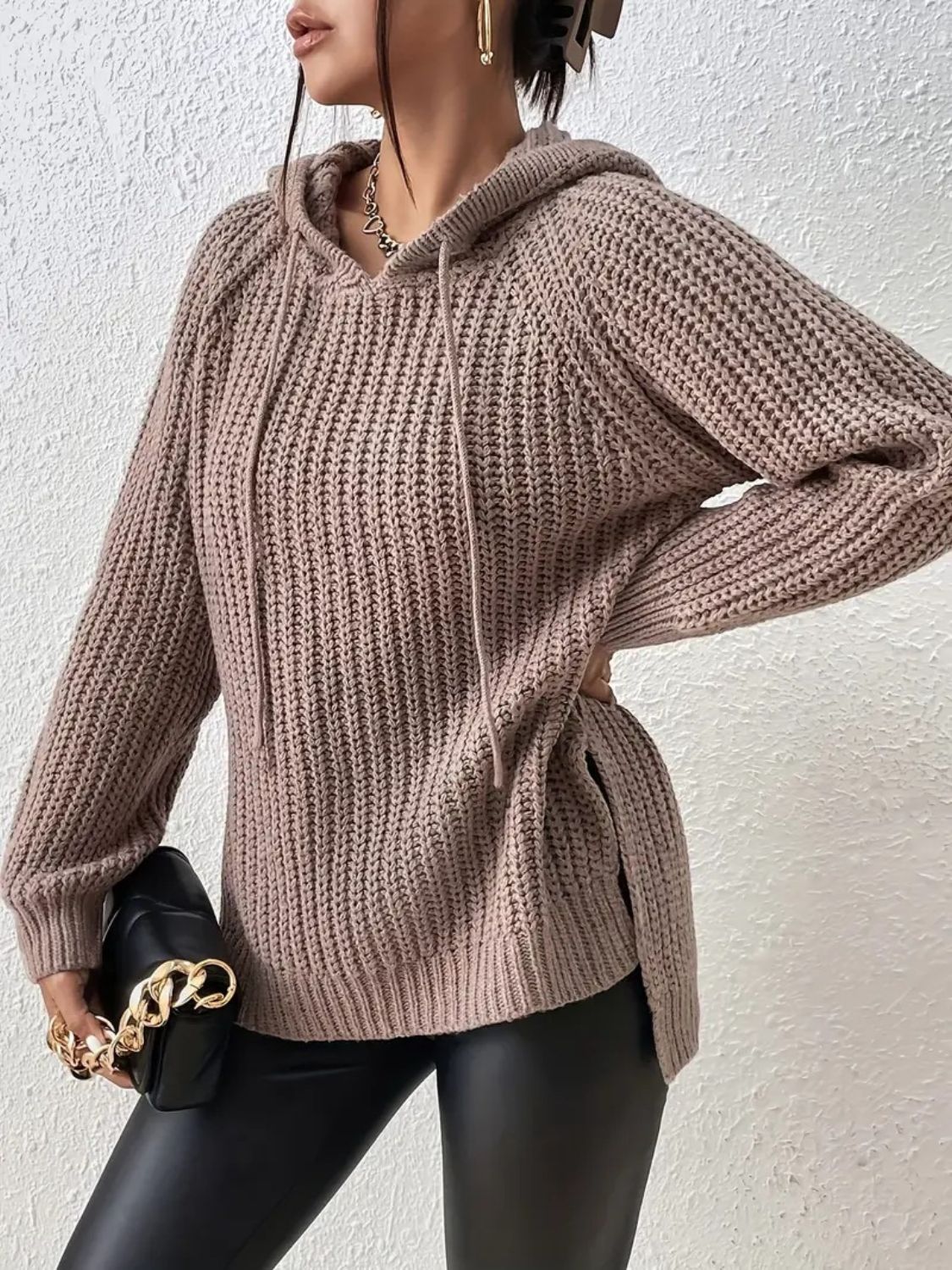 High-Low Side Slit Drawstring Long Sleeve Hooded Sweater - The Daily Makeover