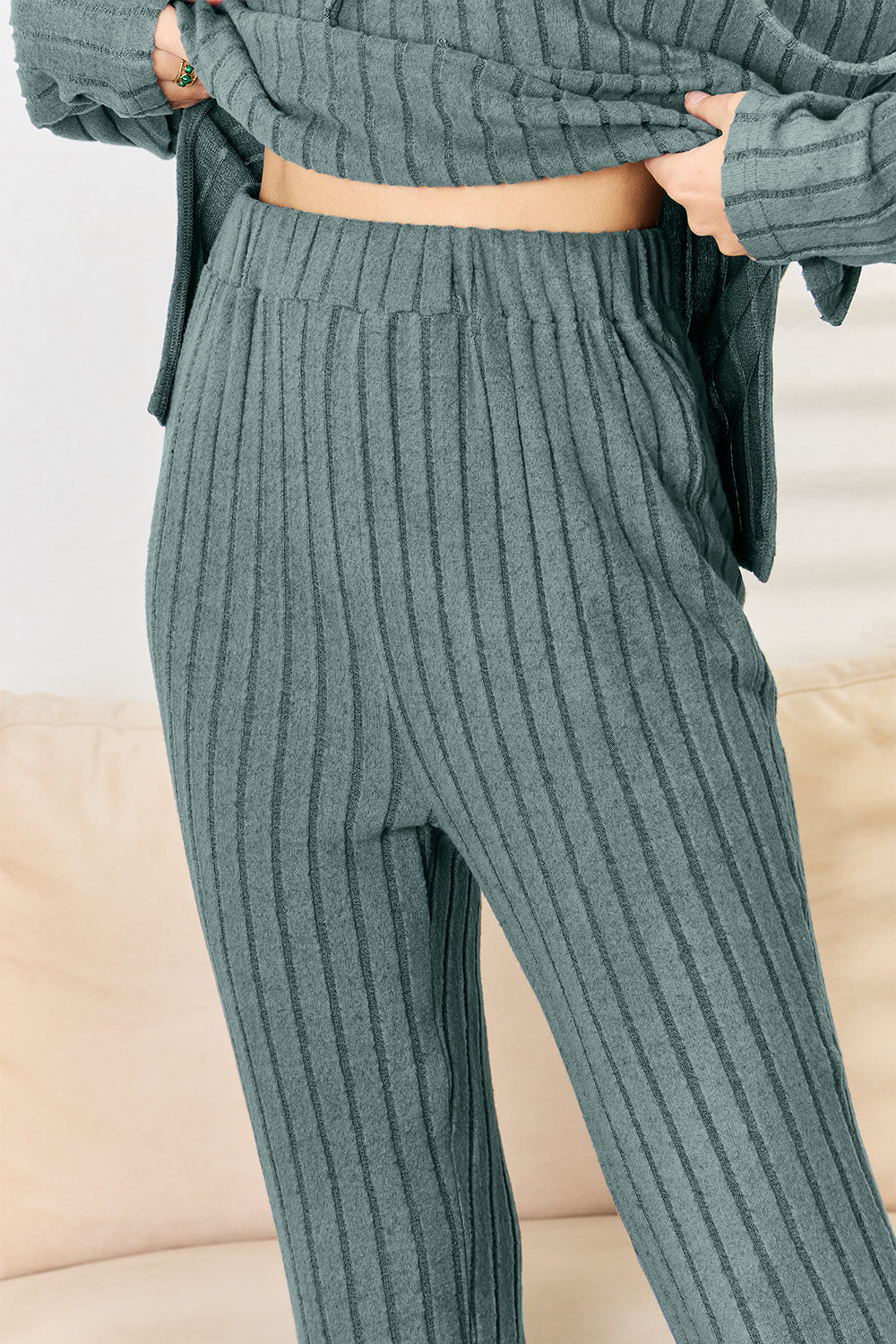 Basic Bae Full Size Ribbed Drawstring Hooded Top and Straight Pants Set - The Daily Makeover