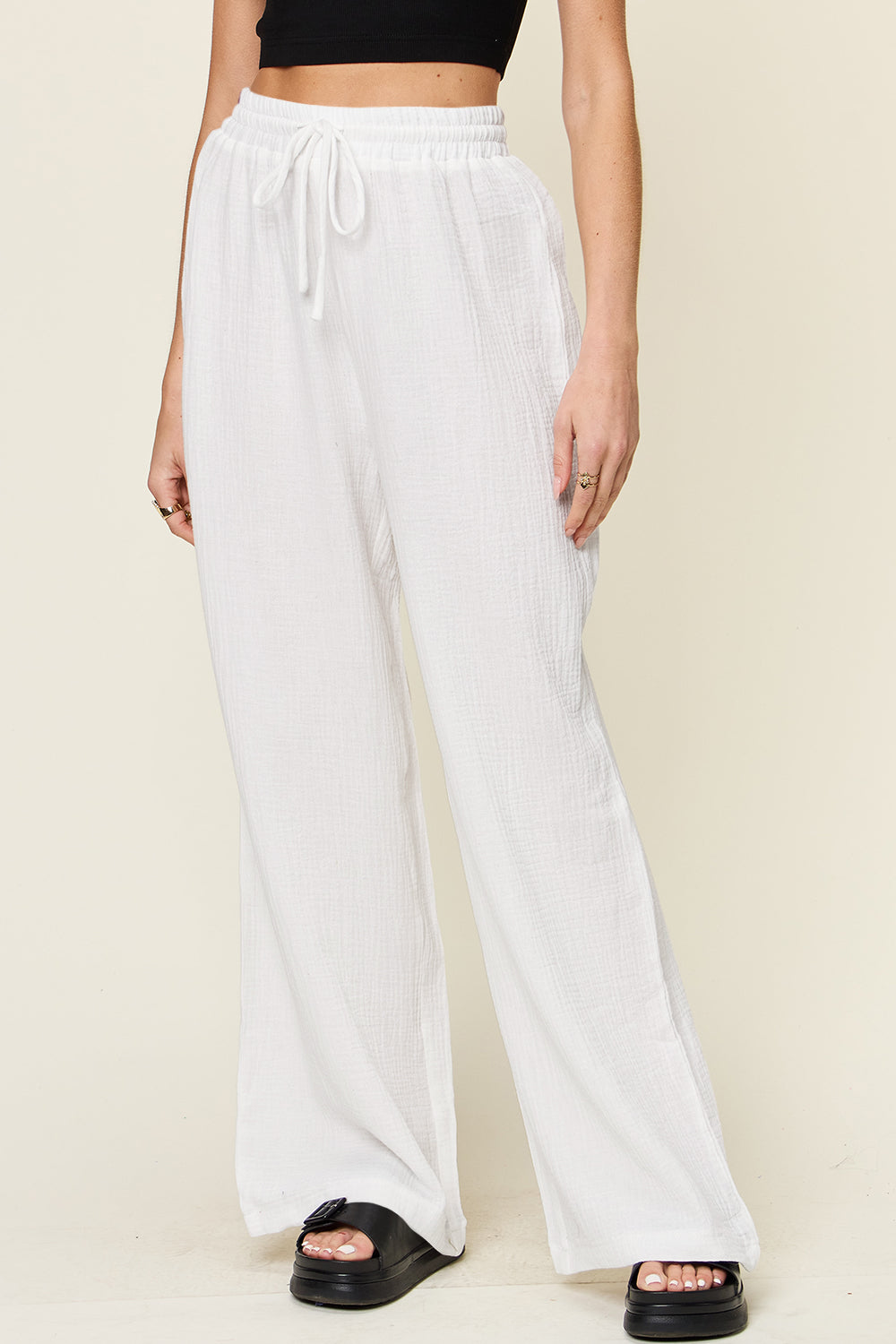 Double Take Full Size Texture Drawstring Wide Leg Pants - The Daily Makeover