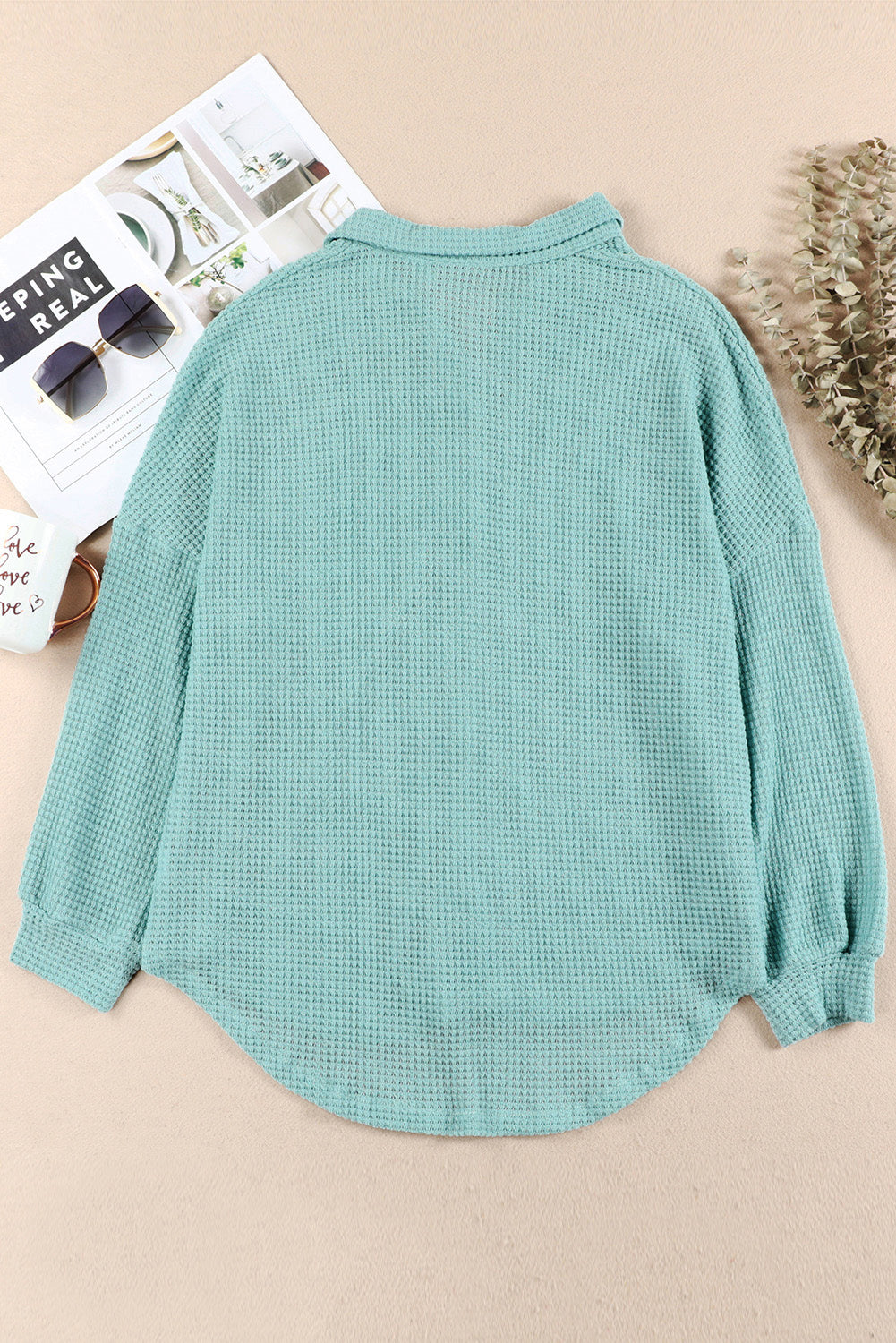 Waffle-Knit Collared Neck Long Sleeve Shirt - The Daily Makeover