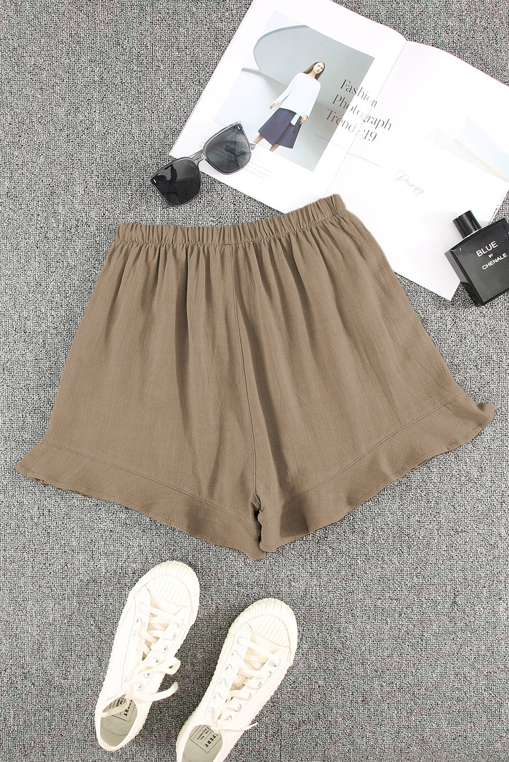 Khaki Casual Pocketed Ruffle High Waist Shorts - The Daily Makeover