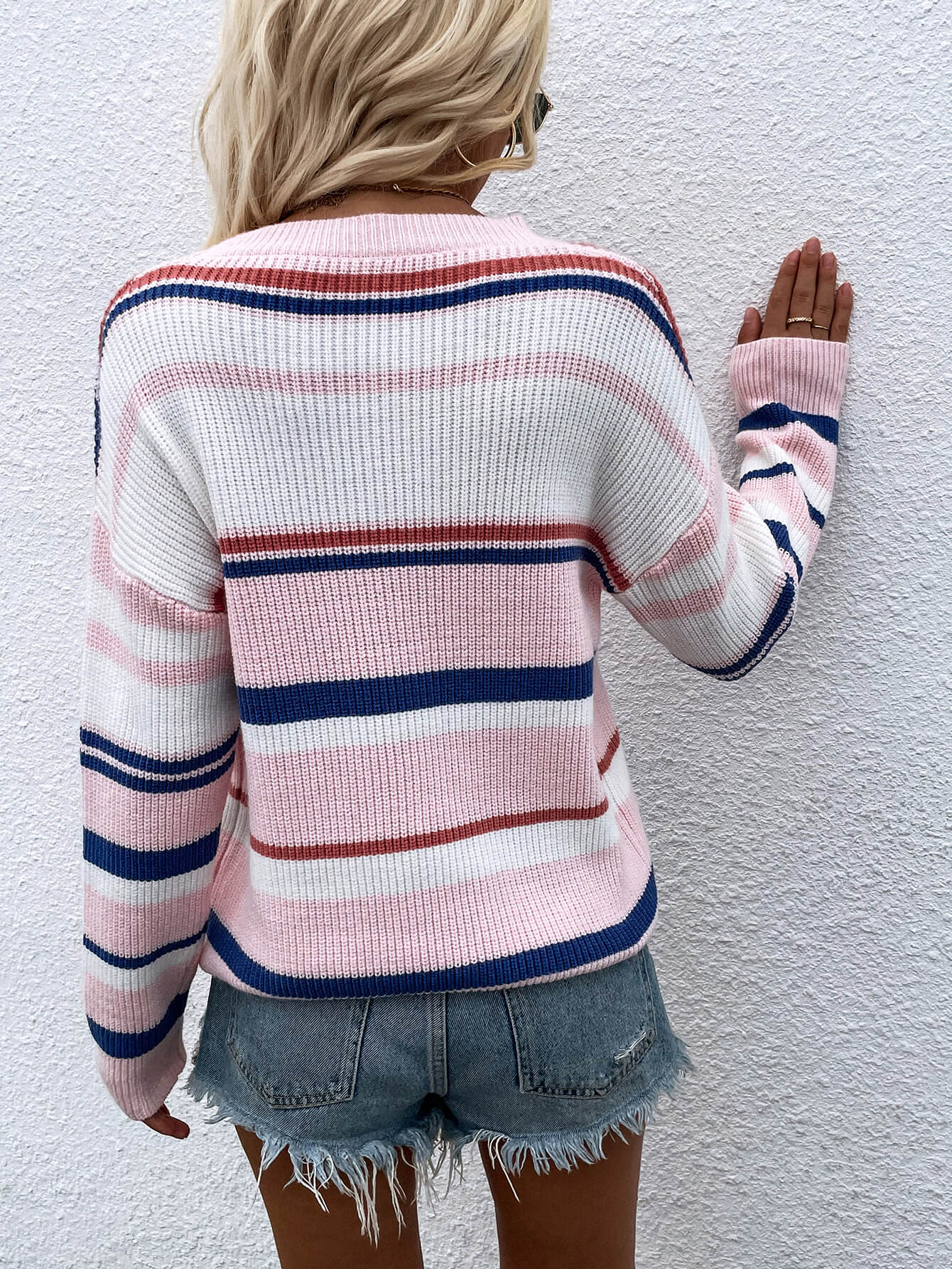 Striped Drop Shoulder Round Neck Pullover Sweater - The Daily Makeover