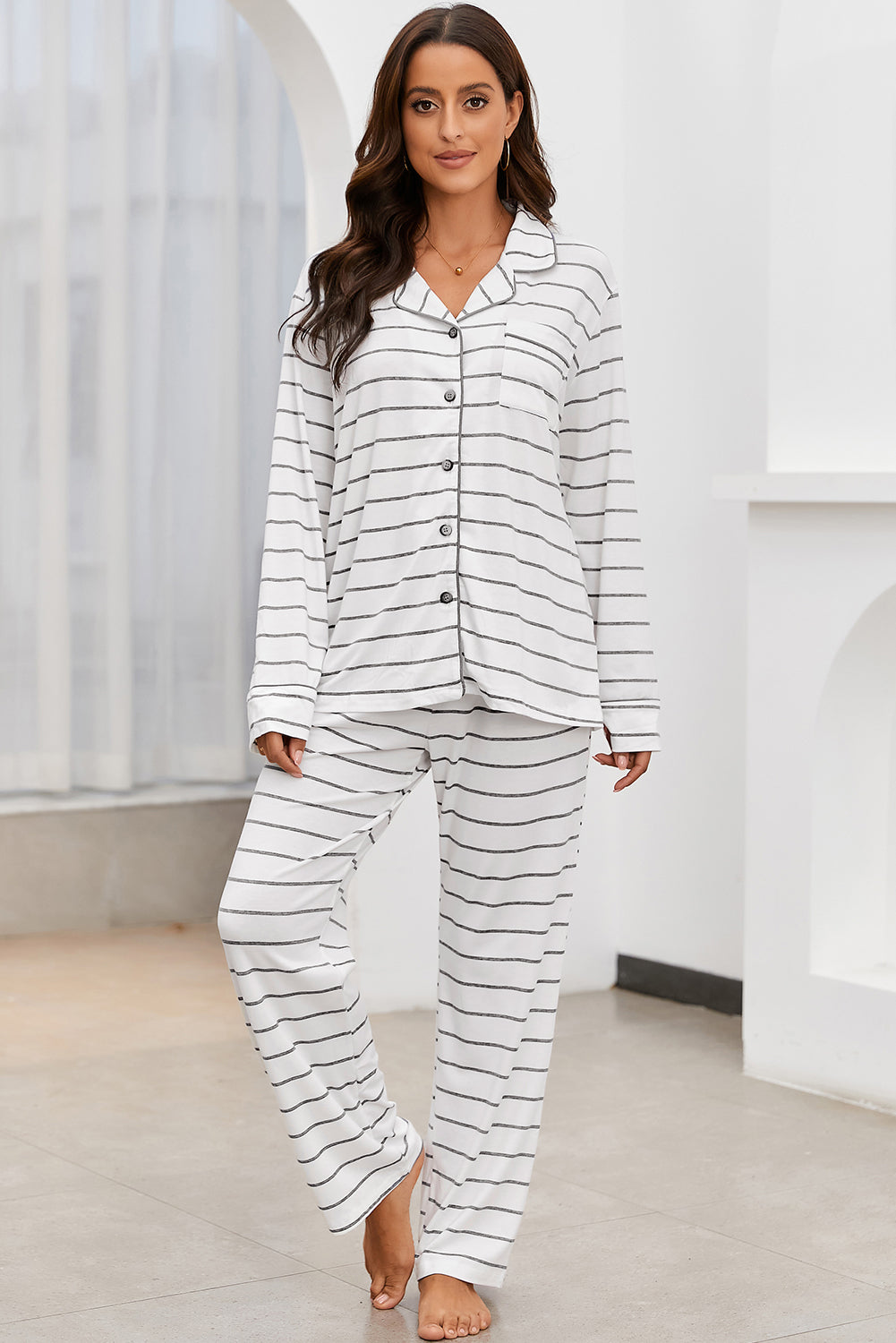 Striped V-Neck Long Sleeve Top and Pants Lounge Set - The Daily Makeover