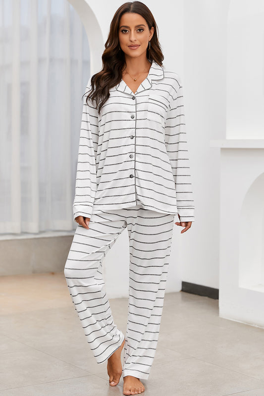 Striped V-Neck Long Sleeve Top and Pants Lounge Set - The Daily Makeover