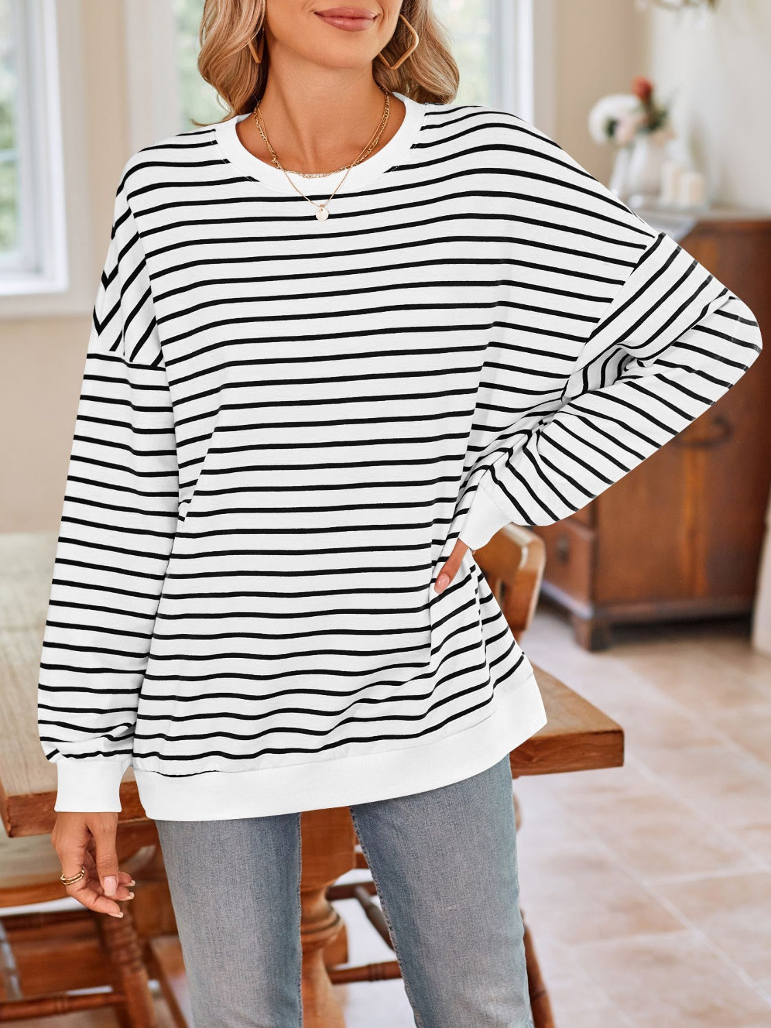 Lovelet Striped Round Neck Long Sleeve Sweatshirt - The Daily Makeover