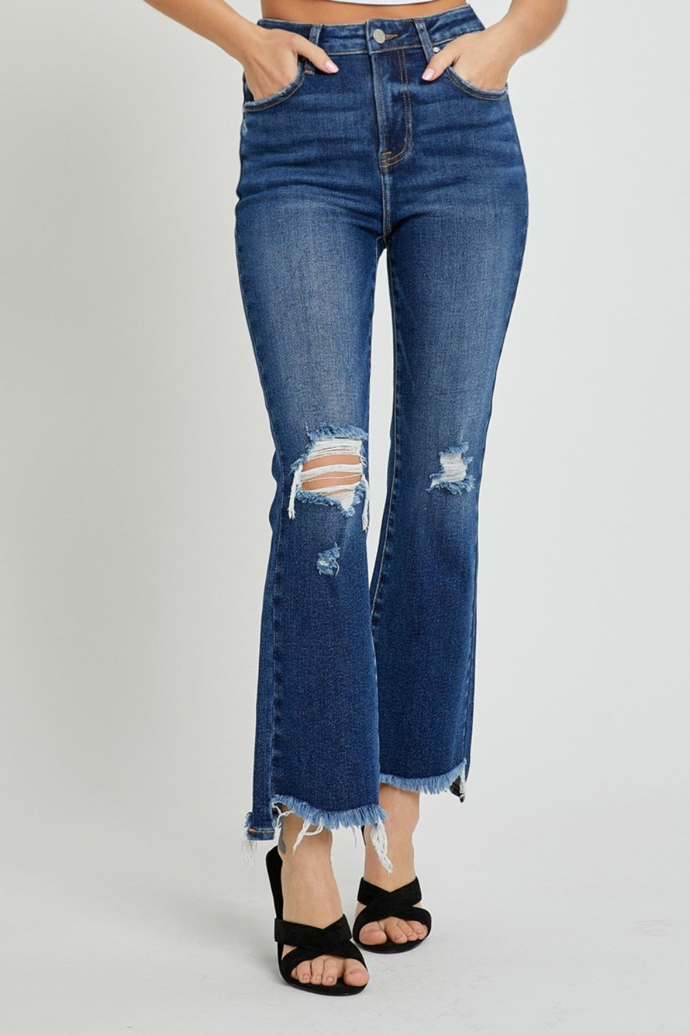 High Rise Distressed Crop Flare Jeans