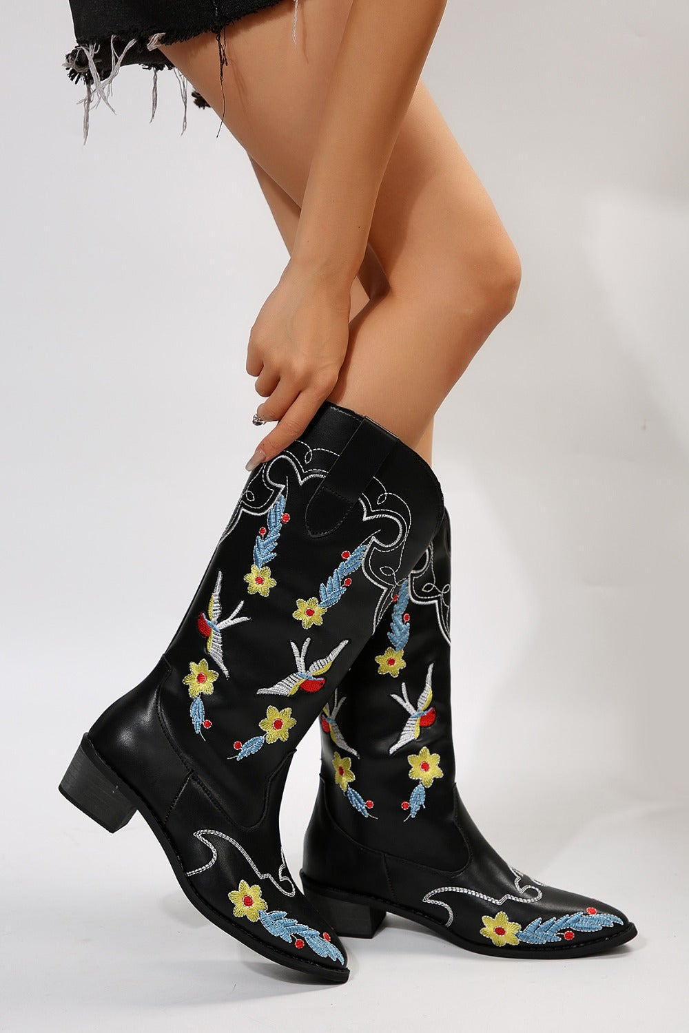 Embroidered Point Toe Block Heel Boots - The Daily Makeover