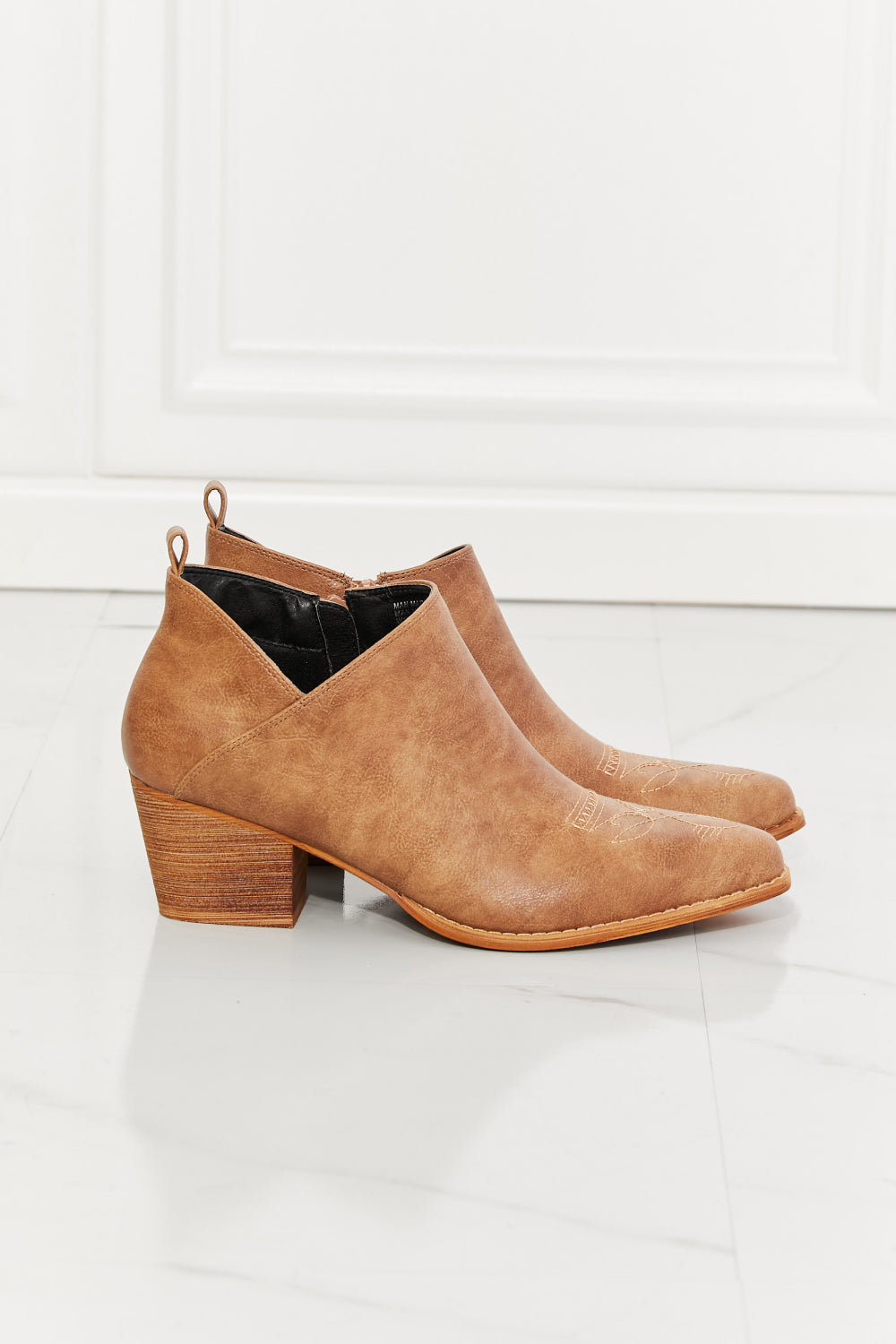 MMShoes Trust Yourself Embroidered Crossover Cowboy Bootie in Caramel - The Daily Makeover