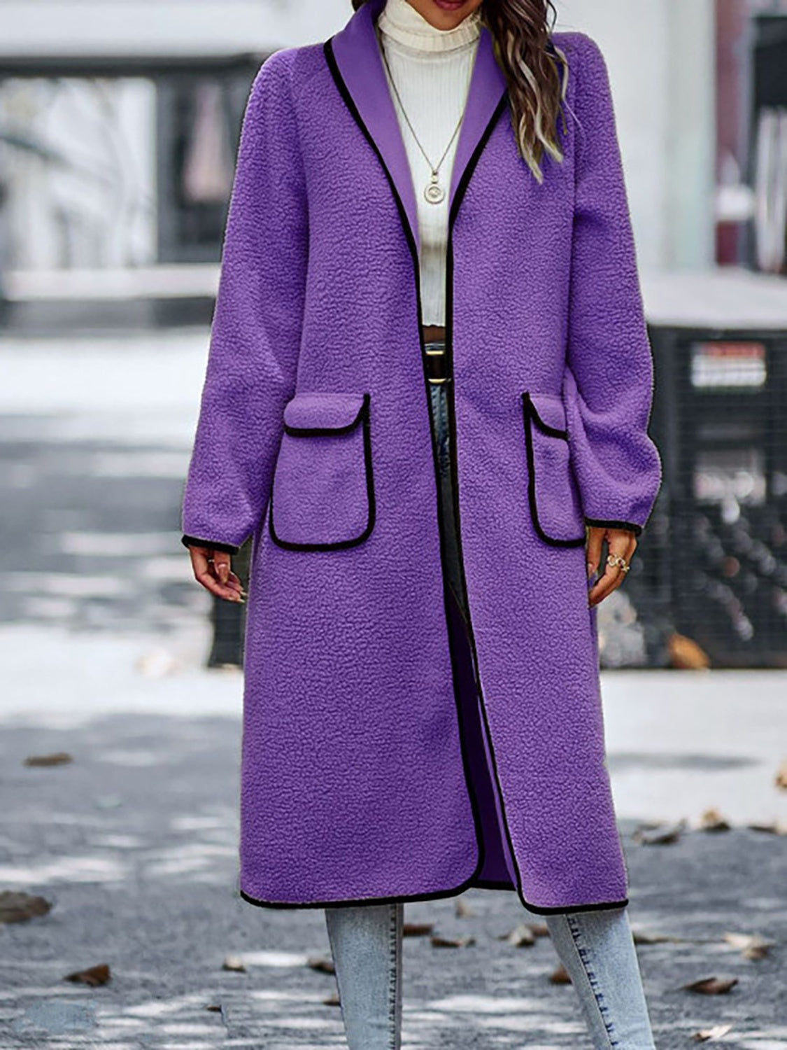 Full Size Contrast Trim Long Sleeve Coat with Pockets - The Daily Makeover