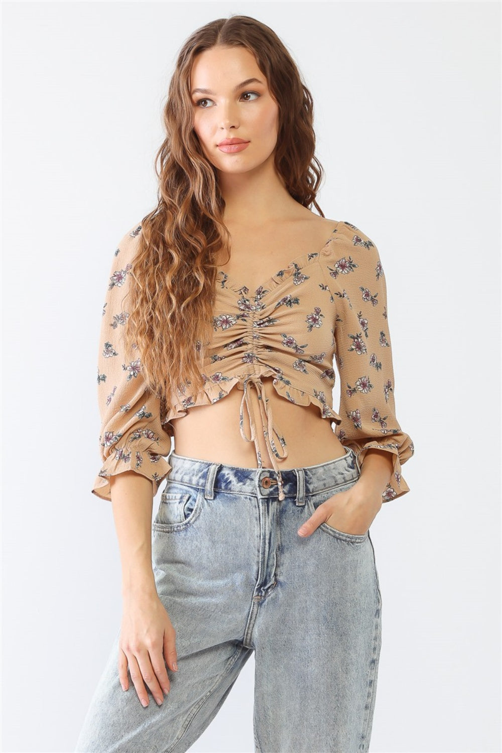 Miss Love / Kevin Co. Floral Ruffle Smocked Back Ruched Crop Top - The Daily Makeover
