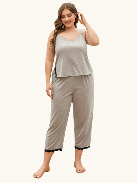 Plus Size Lace Trim Slit Cami and Pants Pajama Set - The Daily Makeover